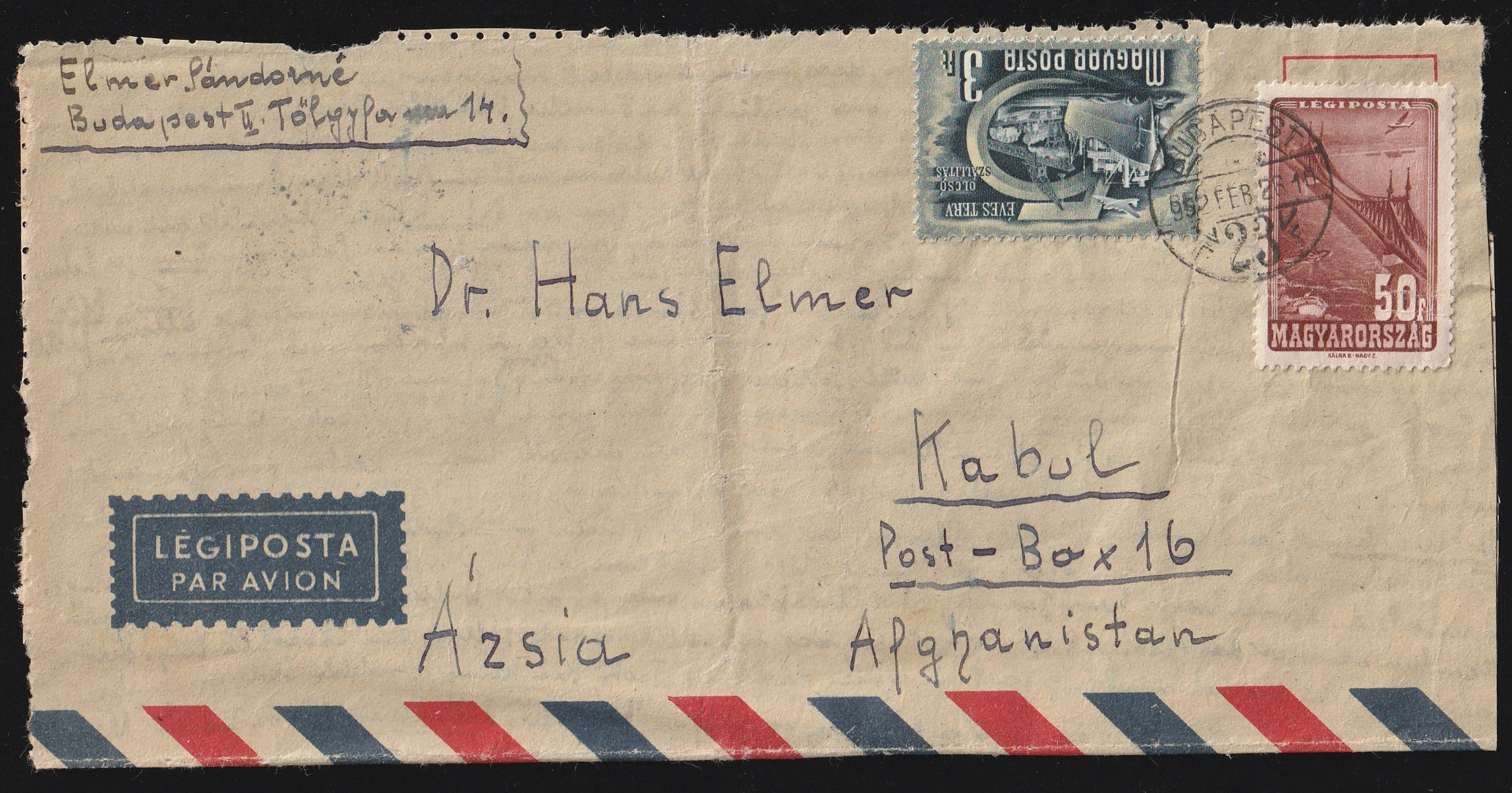 26_7_20260709_0009 1952. Budapest, Kabul (Afganisztán)-ba feladott légiposta levél - Pesavar (Pakisztán) a légi tarnzit átrakódó helye, amit átmenő bélyegzésn igazol, Kabul érkezési bélyegzéssel