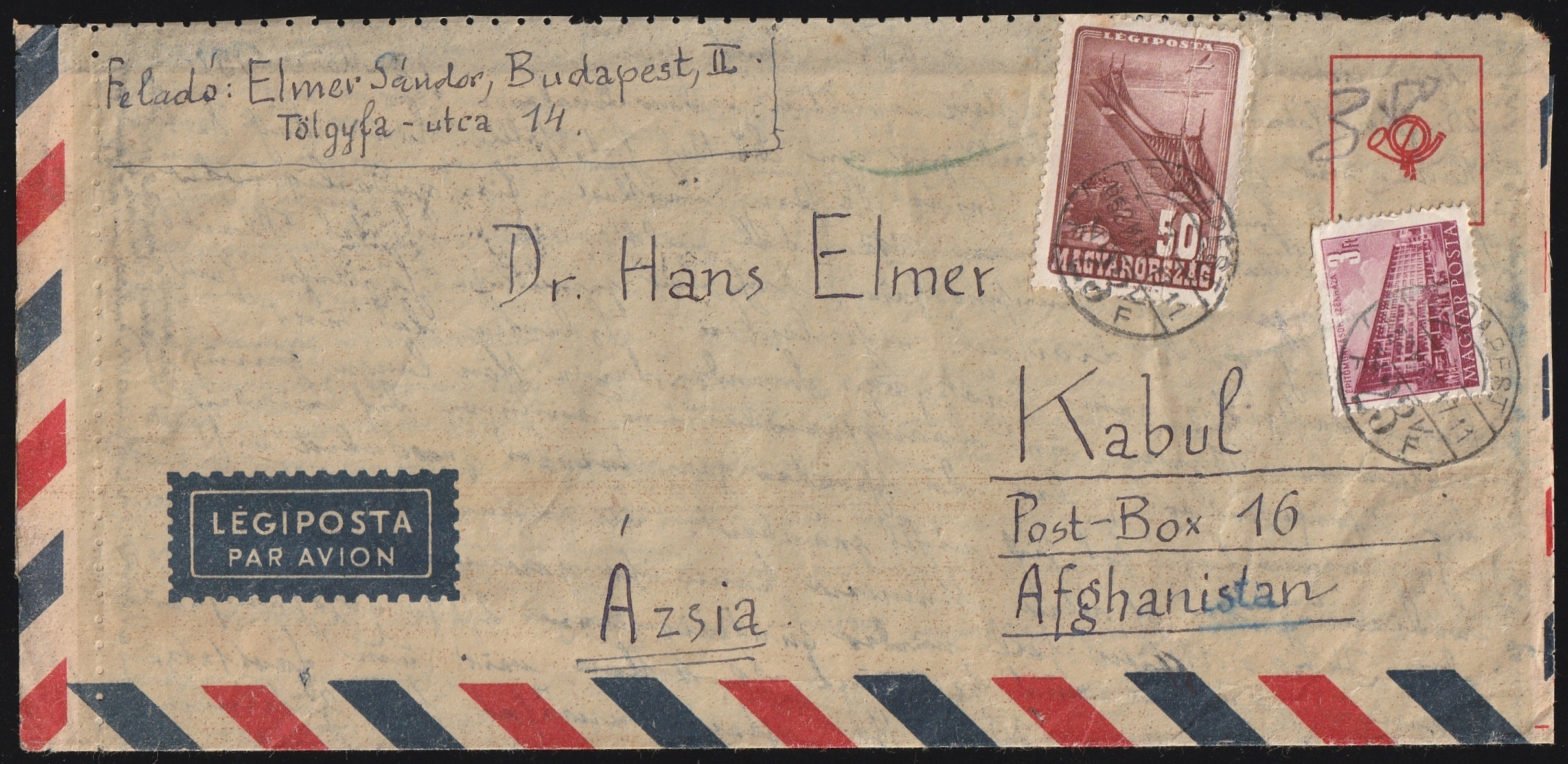 1952. Budapest, Kabul (Afganisztán)-ba feladott légiposta levél - Pesavar (Pakisztán) a légi tarnzit átrakódó helye, amit átmenő bélyegzésn igazol, Kabul érkezési bélyegzéssel