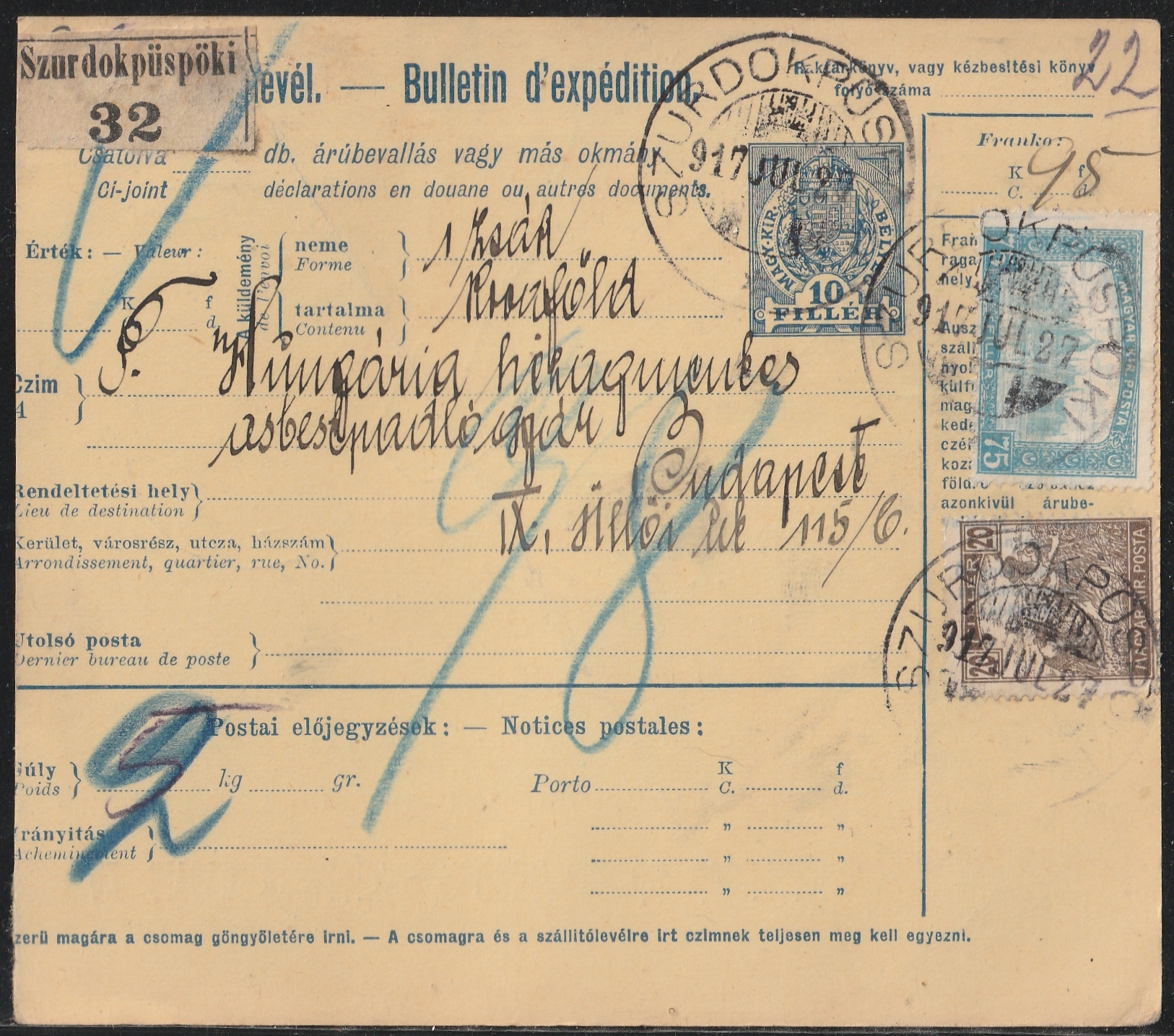 1917. Szurdokpüspöki. Budapestre feladott szállítólevél