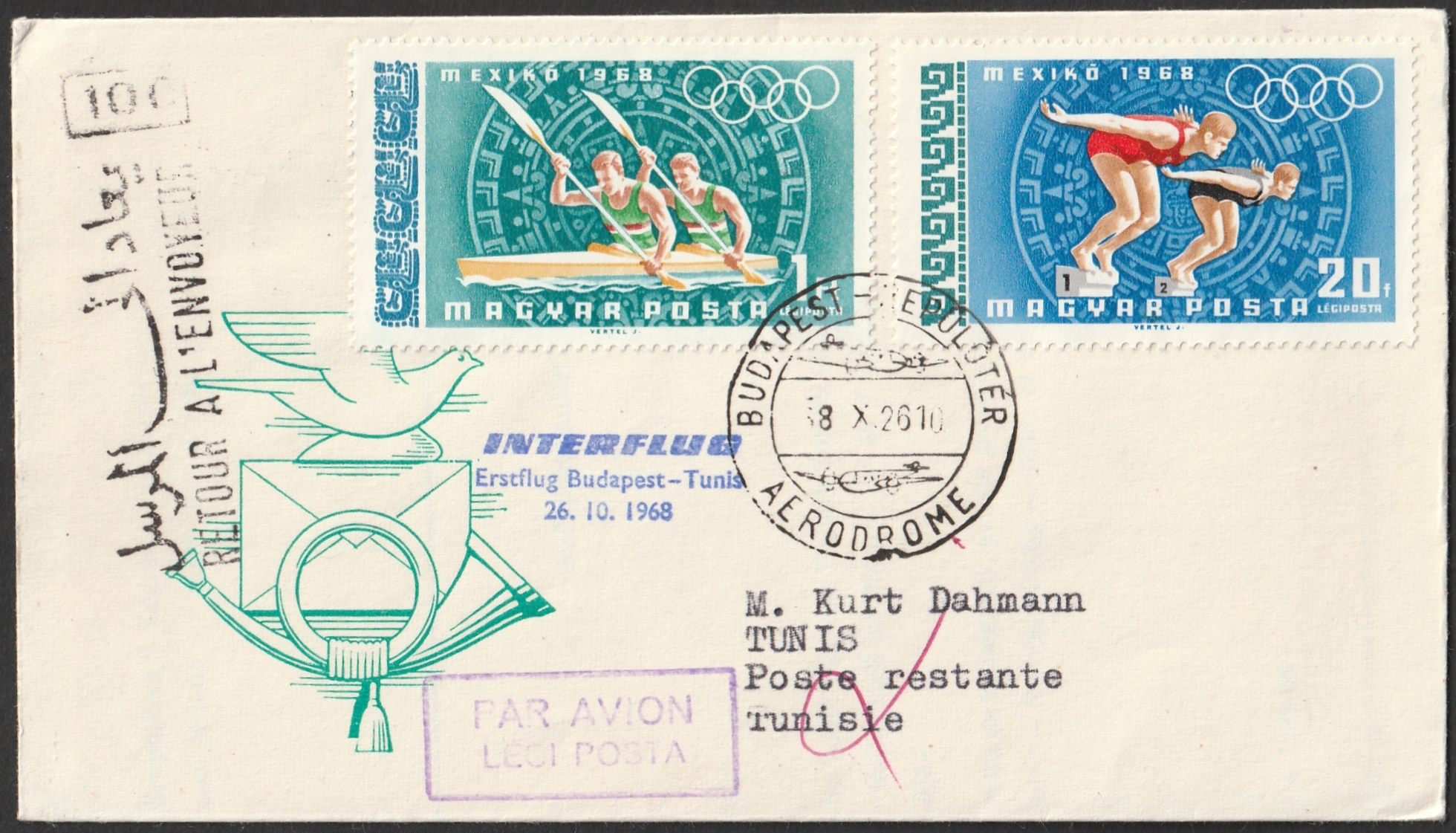 26_7_20260713_0008 1968. október 26. Interflug Budapest–Tunisz elsőrepülési (First Flight) légiposta levél, tunéziai érkezési bélyegzéssel.