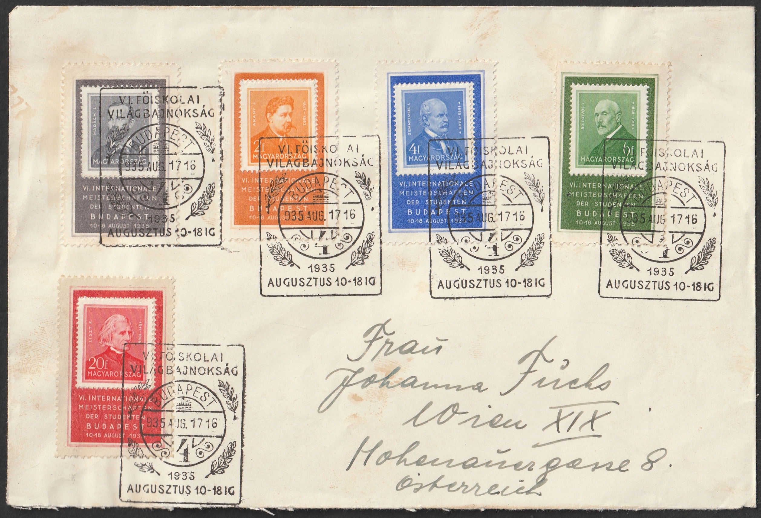 26_7_20260713_0014 1935. VI. Főiskolai Világbajnokság sor alkalmi borítékon, a rendezvény különleges budapesti bélyegzésével – Bécsbe feladva.