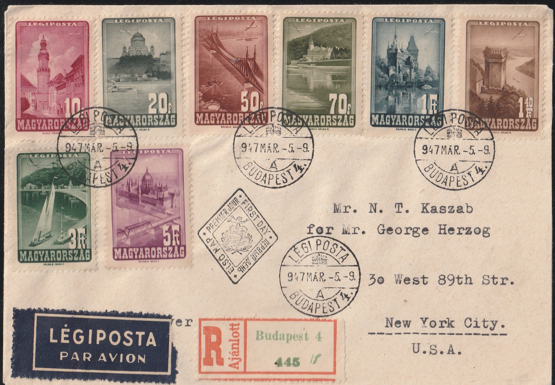 1947. Repülő sor FDC – ajánlott légiposta levélként szabályosan felhasználva New Yorkba (USA). Ennél a kiadásnál vezette be a posta az elsőnapi bélyegzés alkalmazását!