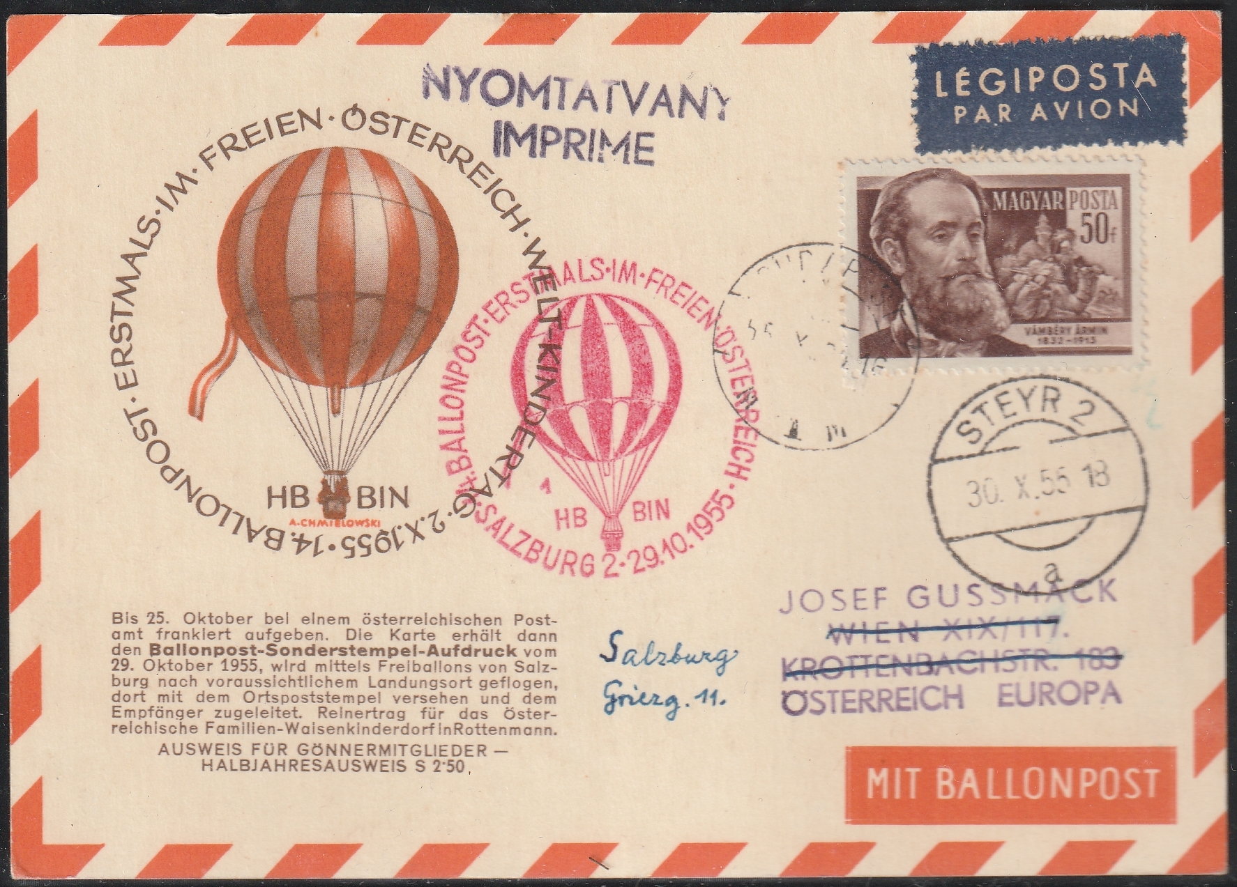 26_7_20260713_0018 1955. XIV. osztrák ballonposta – Salzburgból szabadballonnal továbbított jótékonysági légiposta emléklap, Steyrbe érkezési bélyegzéssel – magyar bélyeggel, magyarországi feladással.
