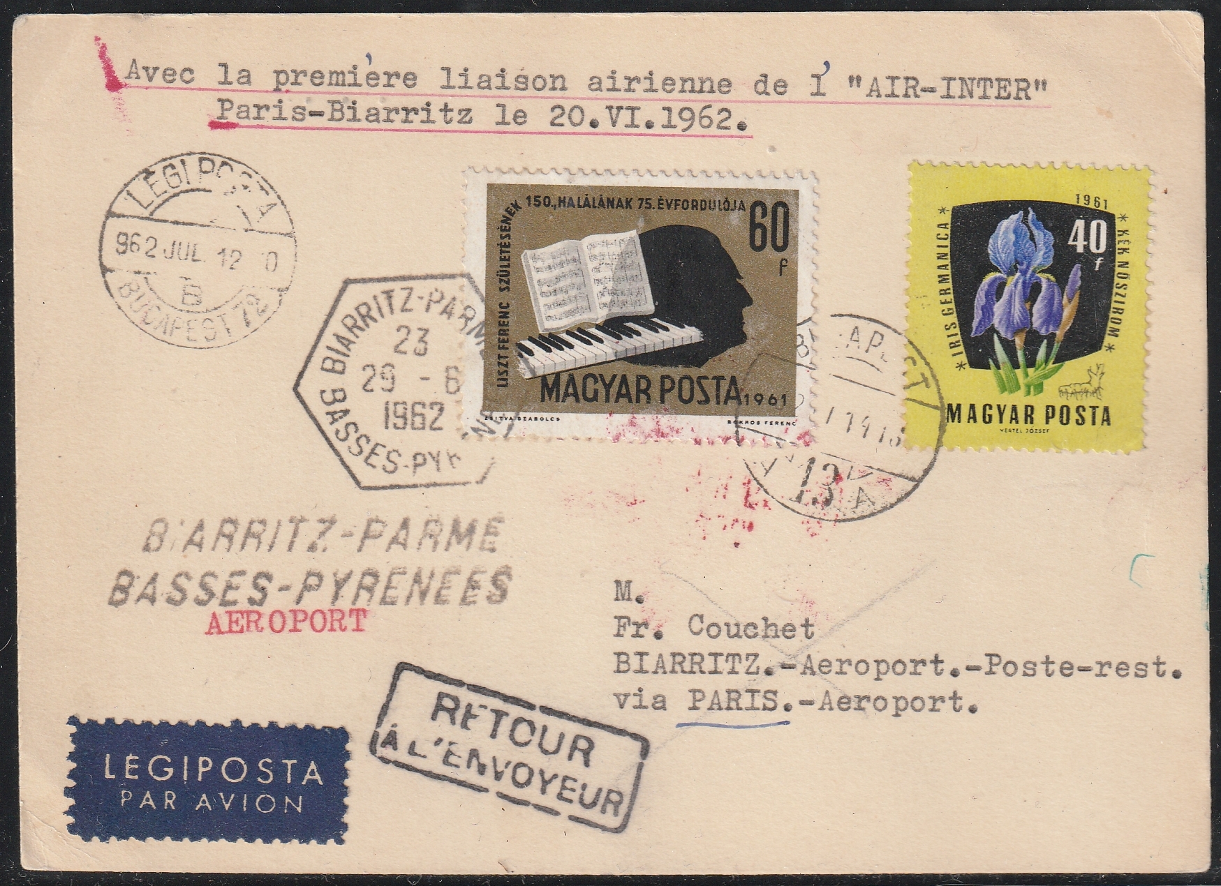 1962. Budapestről Biarritzba feladott légiposta levél – továbbítva az Air Inter első Párizs–Biarritz légijáratával, kézbesíthetetlenség miatt a feladóhoz visszaküldve.