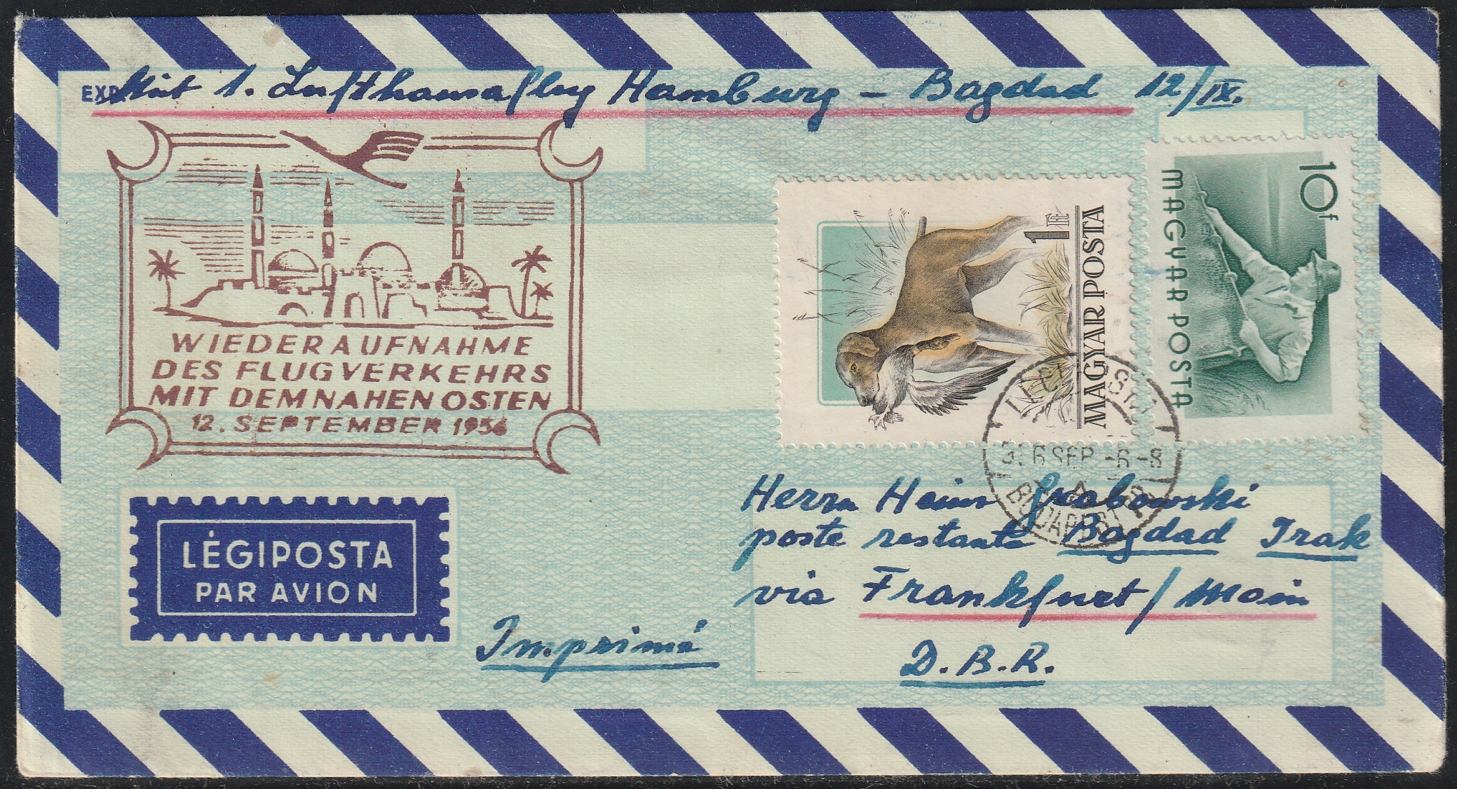 1956. Budapesten Bagdadba feladott légiposta-nyomtatvány – a Lufthansa Hamburg–Bagdad első járatával, a közel-keleti légiforgalom újraindításának német alkalmi bélyegzésével - magyar küldeményen ritka!