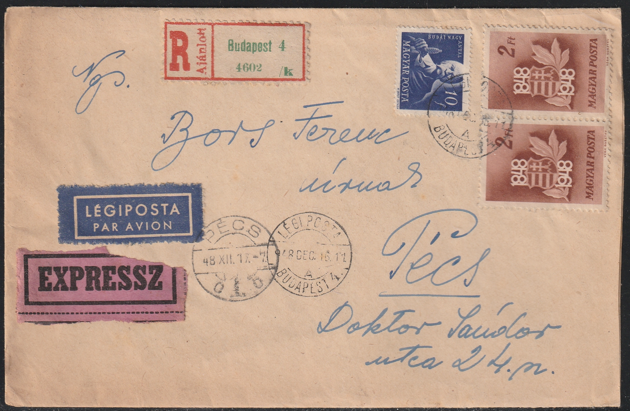 1948. Budapestről Pécsre feladott ajánlott-expressz légiposta levél – ritka belföldi postai kombináció.
