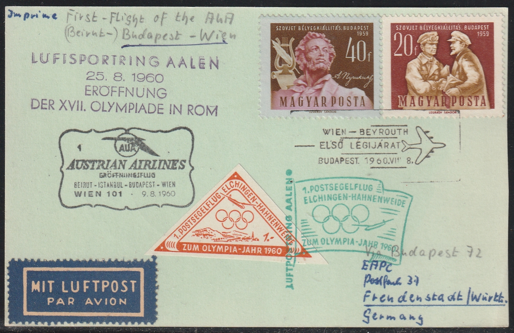 1960. augusztus 8. Budapest–Bécs–Bejrút első menetrend szerinti légijárat hivatalos levelezőlap, Austrian Airlines első repülési emlékbélyegzésével, valamint XVII. Római Olimpia témájú repülési alkalmi bélyegzésekkel. Látványos, több első repülési eseményt egyesítő filatéliai küldemény