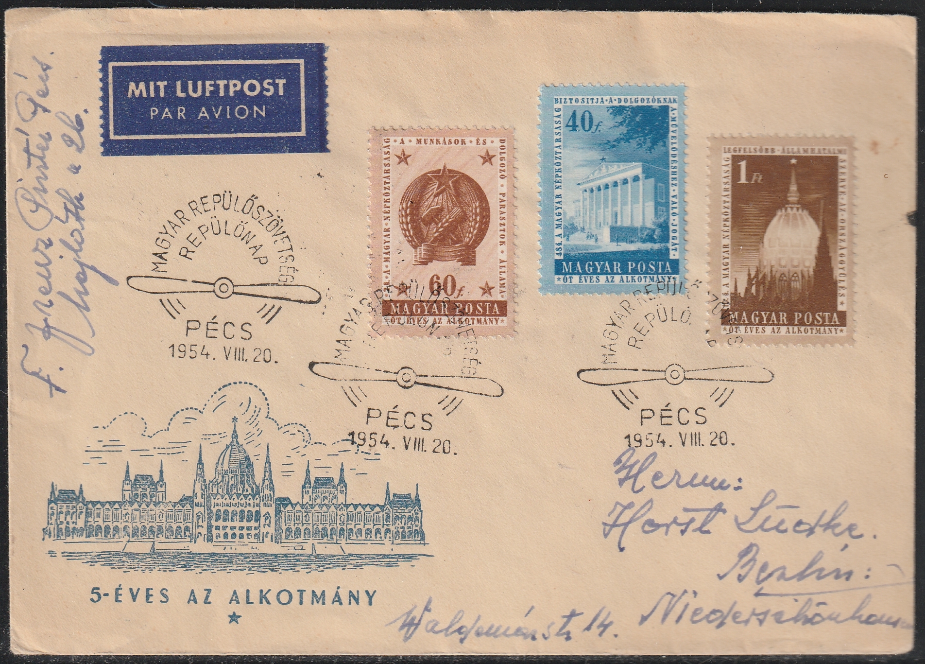 1954. Alkotmány sor díjkiegészített FDC - Pécsi Repülőnap alkalmi bélyegzésével – légipostával Berlinbe feladva