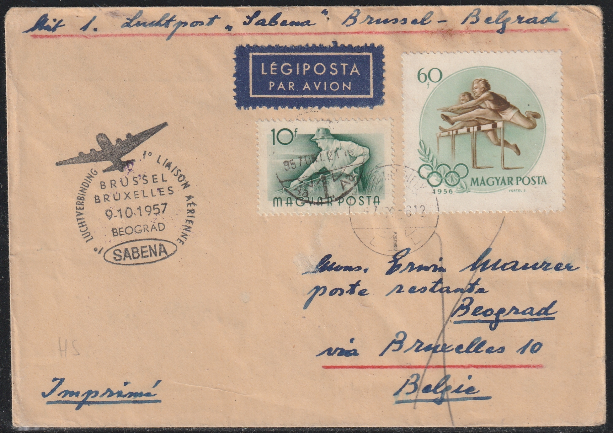 26_7_20260713_0071 1957. október 9. SABENA Brüsszel–Belgrád első légijárati levél – Budapestről Belgrádba, poste restante címzéssel, a járat különleges emlékbélyegzésével.