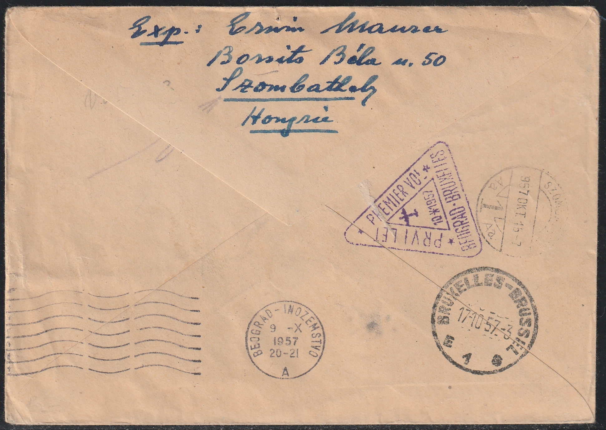 26_7_20260713_0073 1957. október 9. SABENA Brüsszel–Belgrád első légijárati levél – Budapestről Belgrádba, poste restante címzéssel, a járat különleges emlékbélyegzésével.