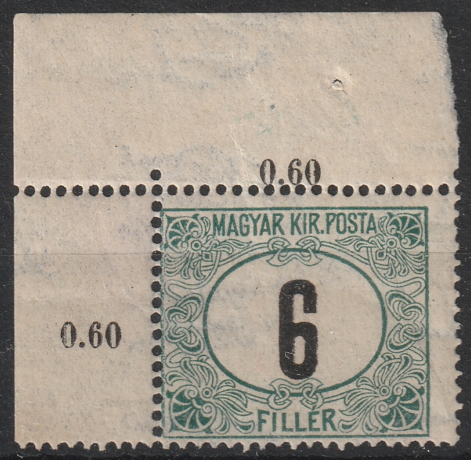 26_7_20260715_00024 1905. Portó 6 fillér /B/ – ívsarki bélyeg, elcsúszott fogazással és eltolódott értékjelzéssel