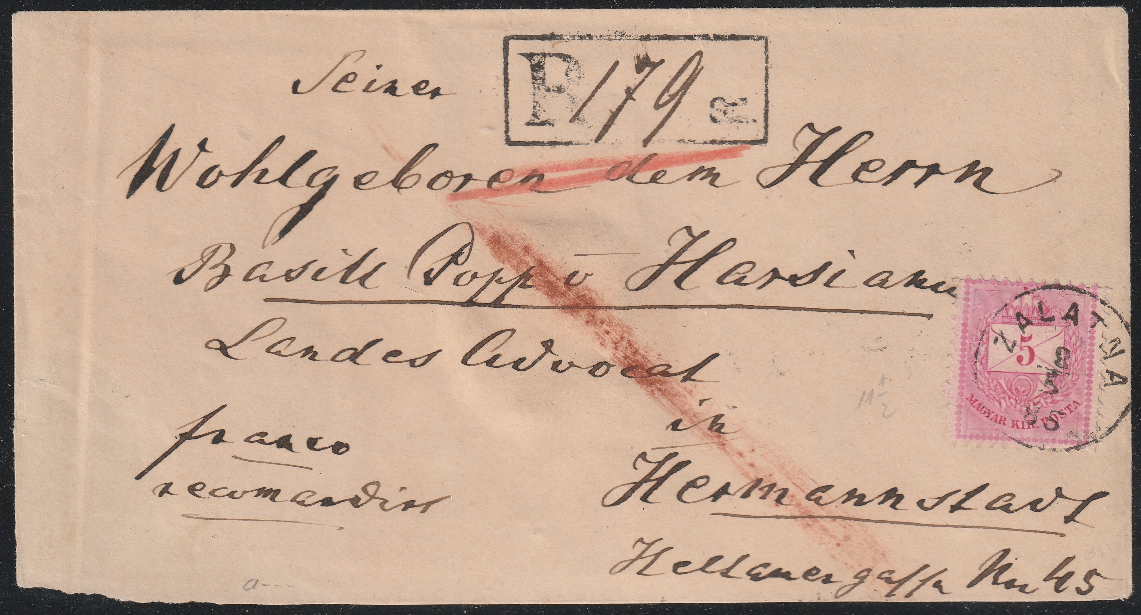 1885. ZALATNA, Hermannstadt (Nagyszeben)-be feladott ajánlott levél, Nagy Szeben érkezési bélyegzéssel
