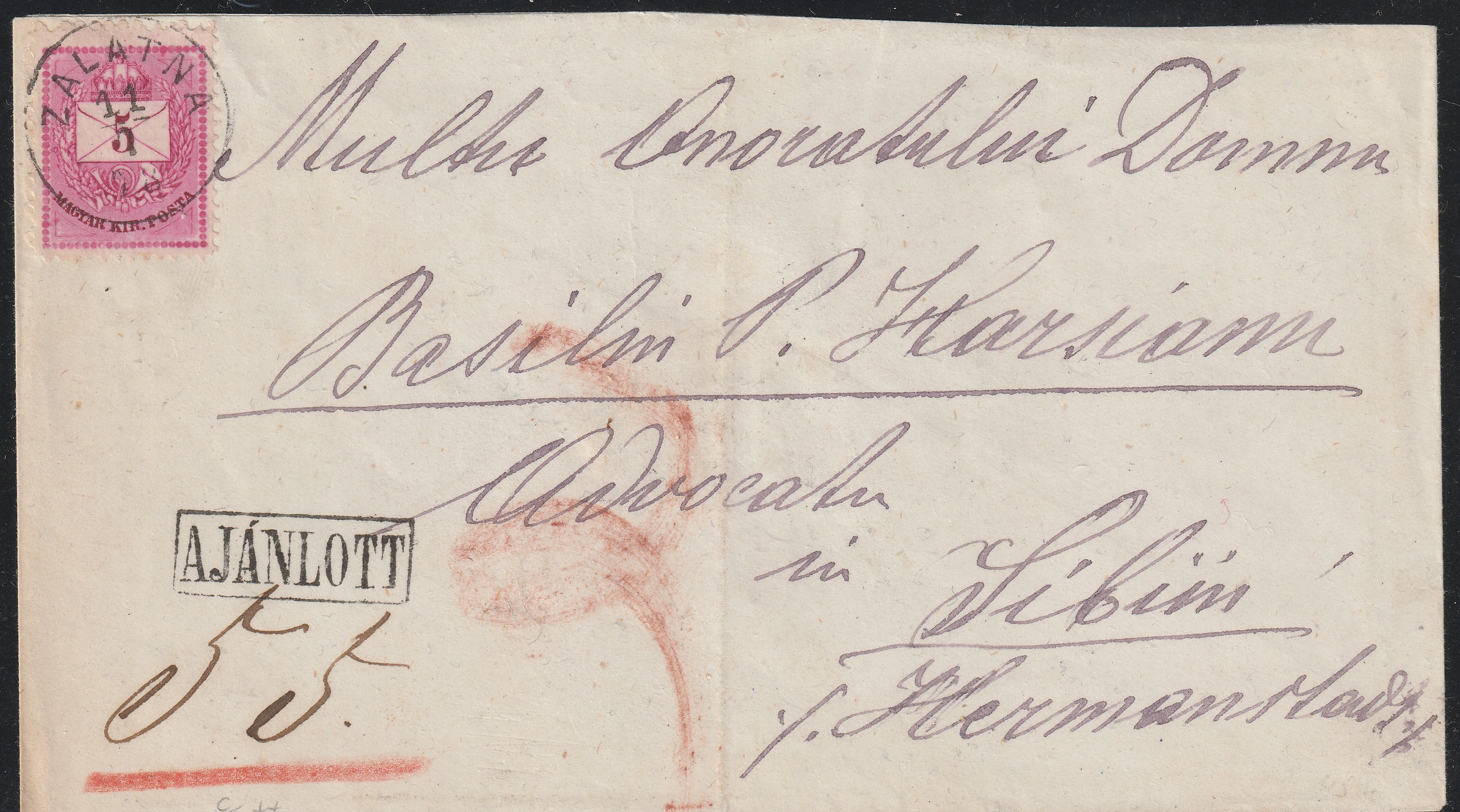 1878. ZALATNA, Hermannstadt (Nagyszeben)-be feladott ajánlott levél, Károly-Fehérvár átmenő és Nagy Szeben érkezési bélyegzéssel