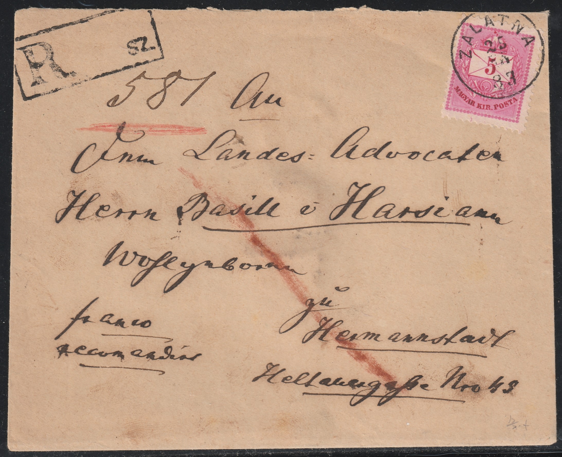 1883. ZALATNA, Hermannstadt (Nagyszeben)-be feladott ajánlott levél, Nagy Szeben érkezési bélyegzéssel