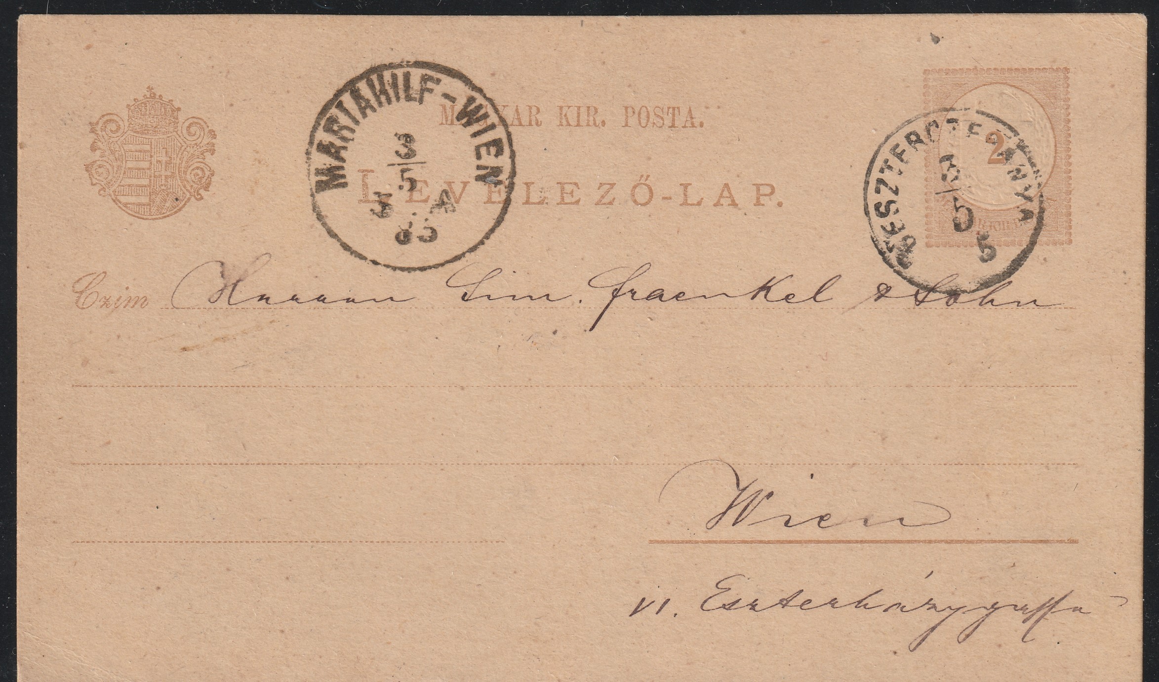 1885. BESZTERCZEBÁNYA – Bécsbe küldött levelezőlap, a keletbélyegzés évszámából hiányzó „8”-assal.