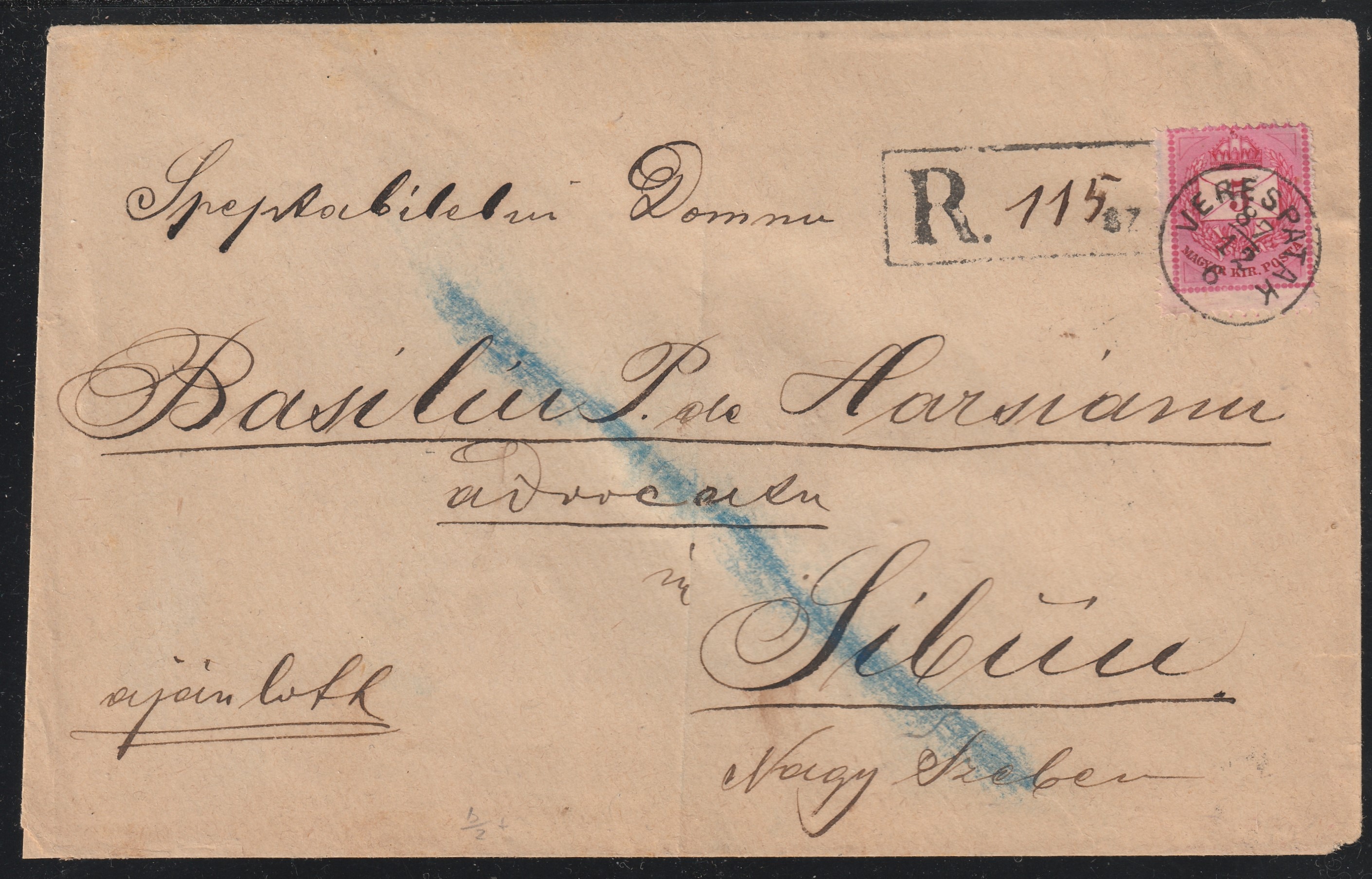 1878. VERESPATAK, Hermannstadt (Nagyszeben)-be feladott ajánlott levél, GYULAFEHÉRVÁR / VÁROS (korábban: Károly-Fehérvár)  átmenő és Nagy Szeben érkezési bélyegzéssel