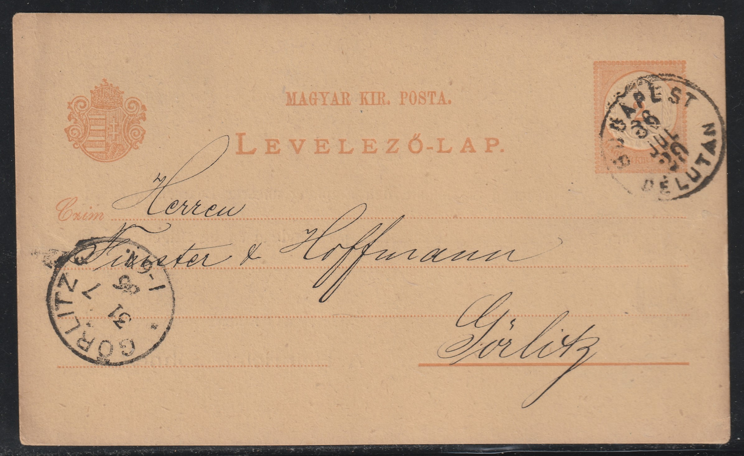 1886. BUDAPEST/DÉLUTÁN, Görlitz (Németország)- ba feladott levelezőlap, hátoladol előre nyomtatott tartalommal
