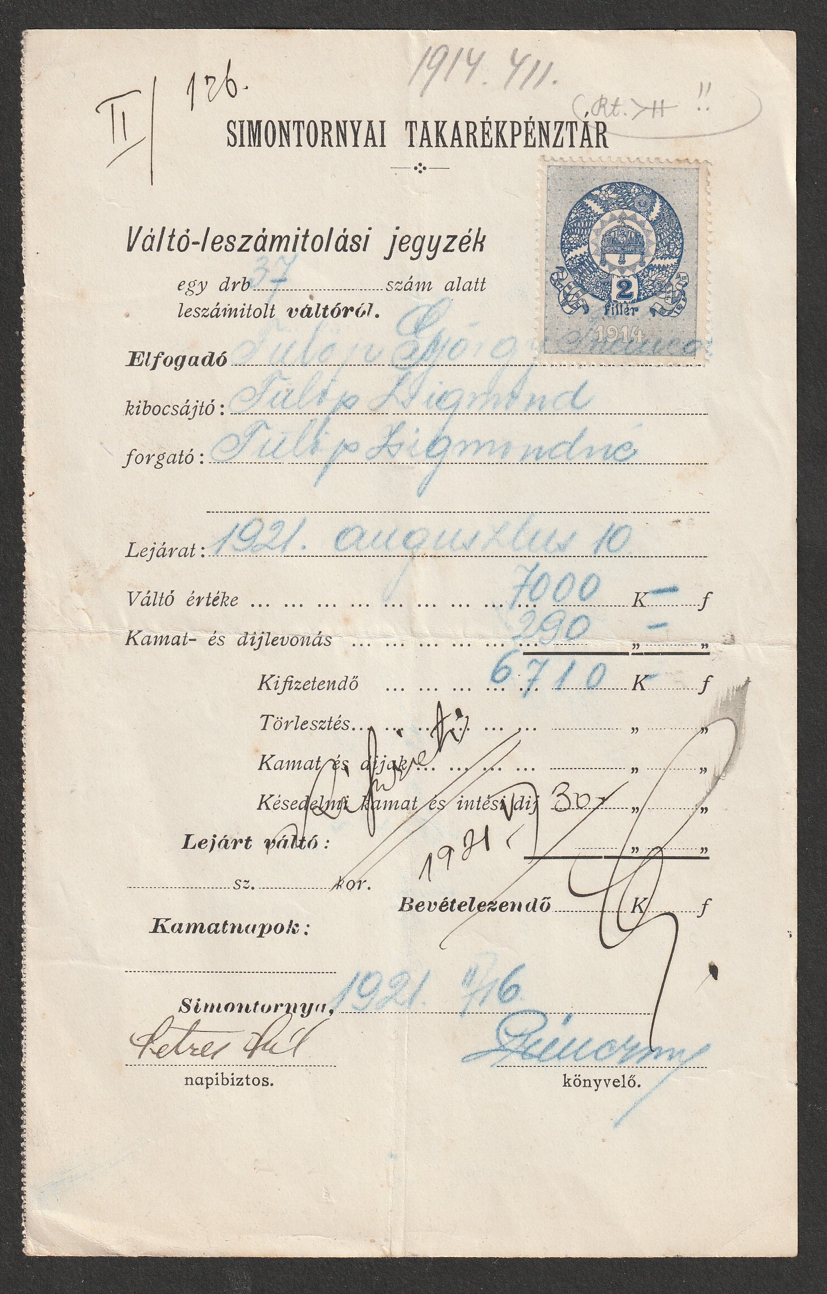 26_7_20260721_0016 1921. SIMONTORNYA – a Simontornyai Takarékpénztár váltó-leszámítolási jegyzéke, 1914-es 2 filléres okirati illetékbélyeggel.