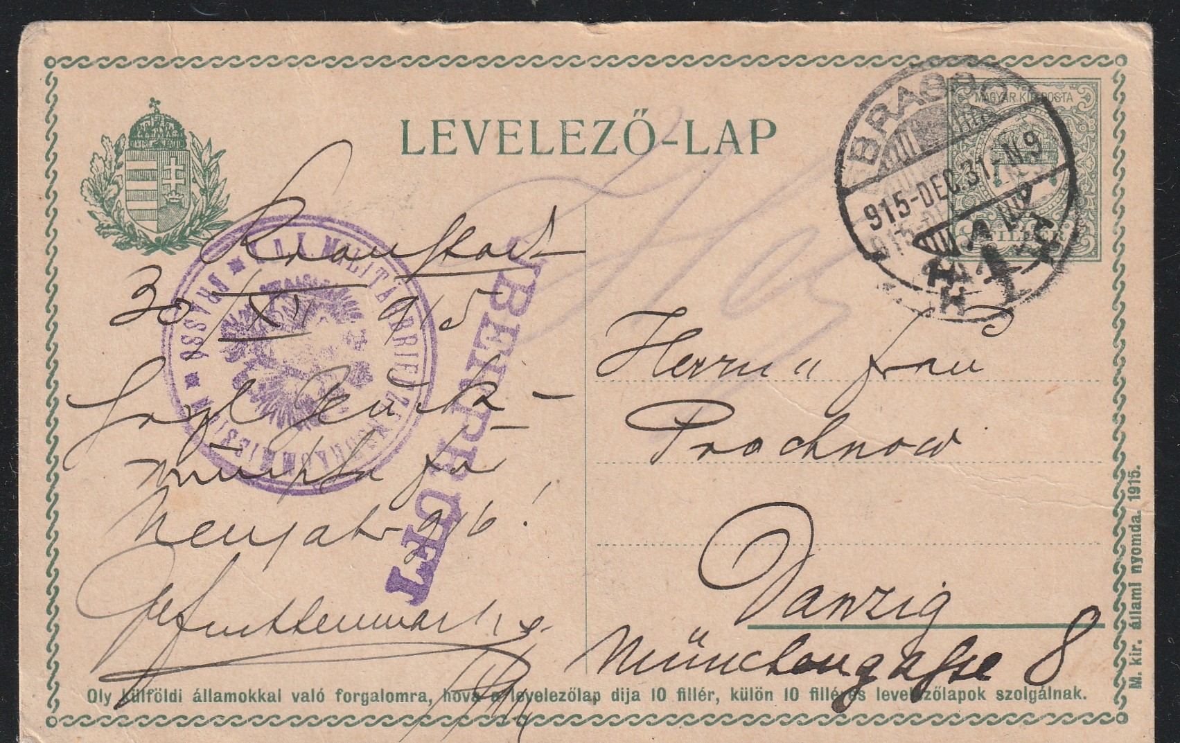 1915. BRASSÓ, Danzig-ba feladott cenzúrázott levelezőlap