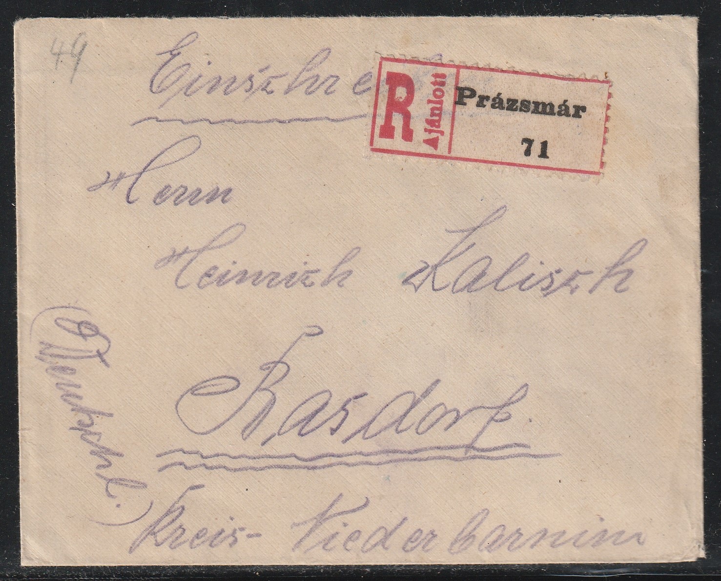 1918. Prázsmár, Basdorf (Németország)-ba feladott ajánlott levél