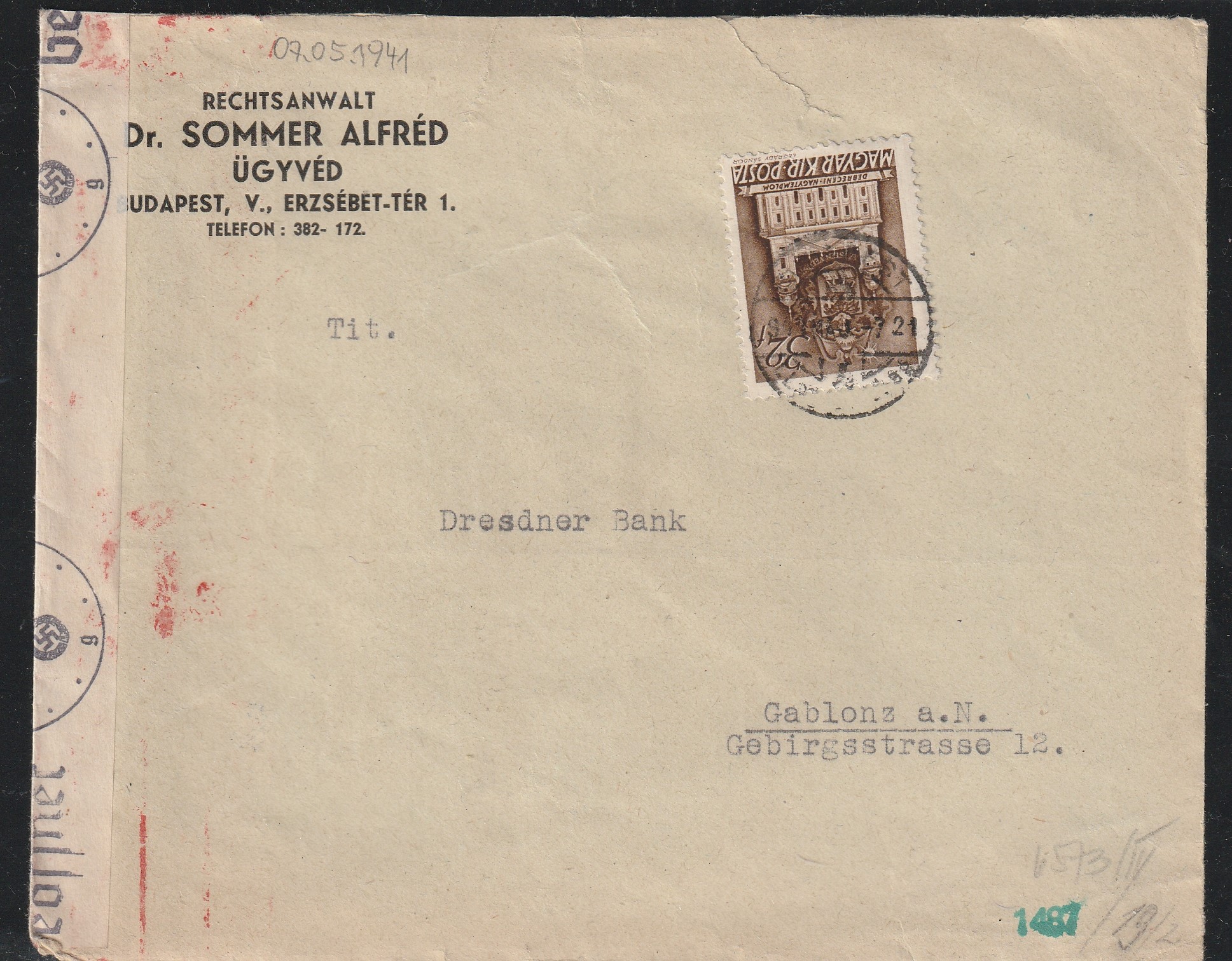 1941. Budapest–Gablonz an der Neisse, Német Birodalom, cenzúrázott levél „Felbontva” zárószalaggal és a Wehrmacht Főparancsnokság ellenőrző bélyegzéseivel.