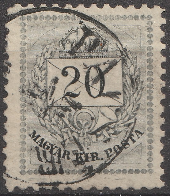 1874. 20 kr /B/, 11¼-es fogazással, hamuszürke színben (a jobb felső oldalon bevágva).