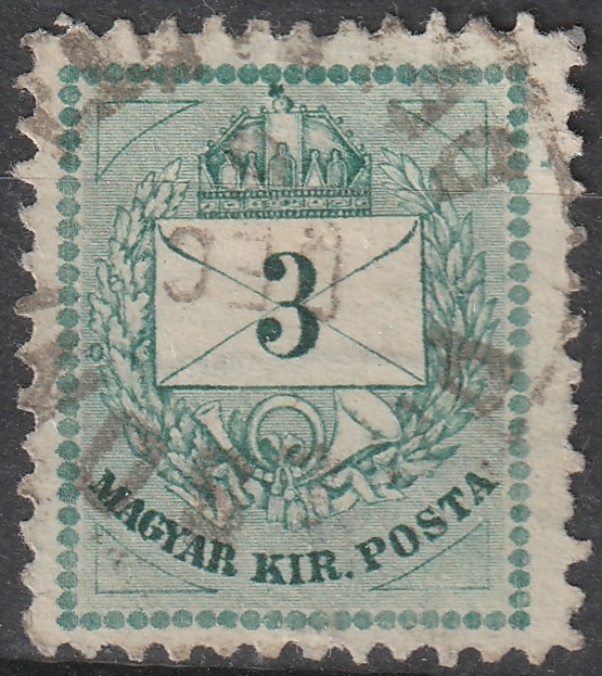 1881. 3 kr – javított lemez, a javítások a felső gyöngysoron és a háromszögeken jól láthatók.