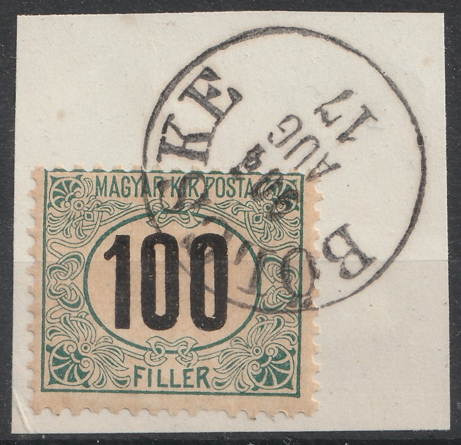 1905. Portó 100 f – BÖLCSKE bélyegzéssel, bélyegzetten nem ismert érték; feltehetően szívességi bélyegzés.