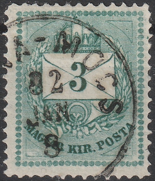 1874. 3 kr – utánmetszett háromszögekkel.