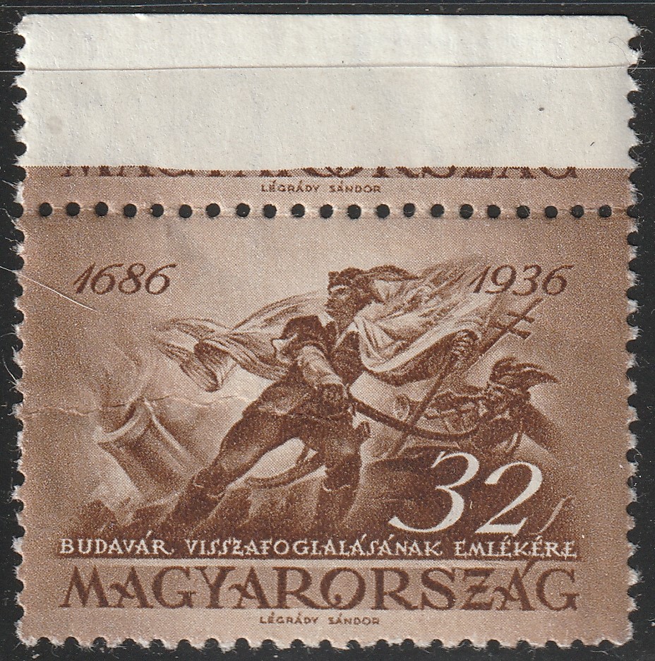 1936. Budavár 32 fillér, ívszéli bélyeg bélyegábra részlettel - postatiszta erős gumi töréssel