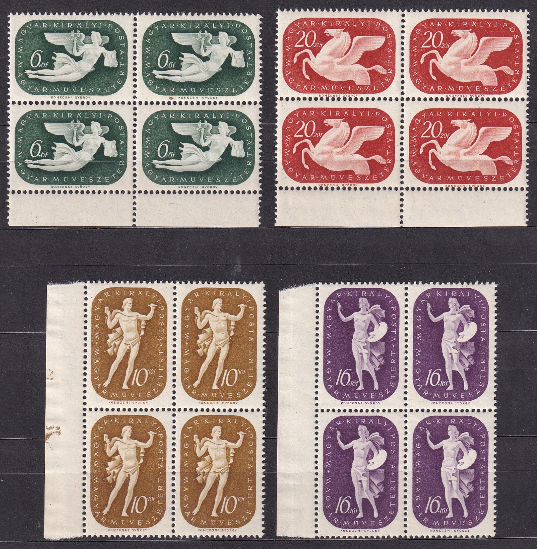 1940. Művész sor ívszéli 4-es tömbökben