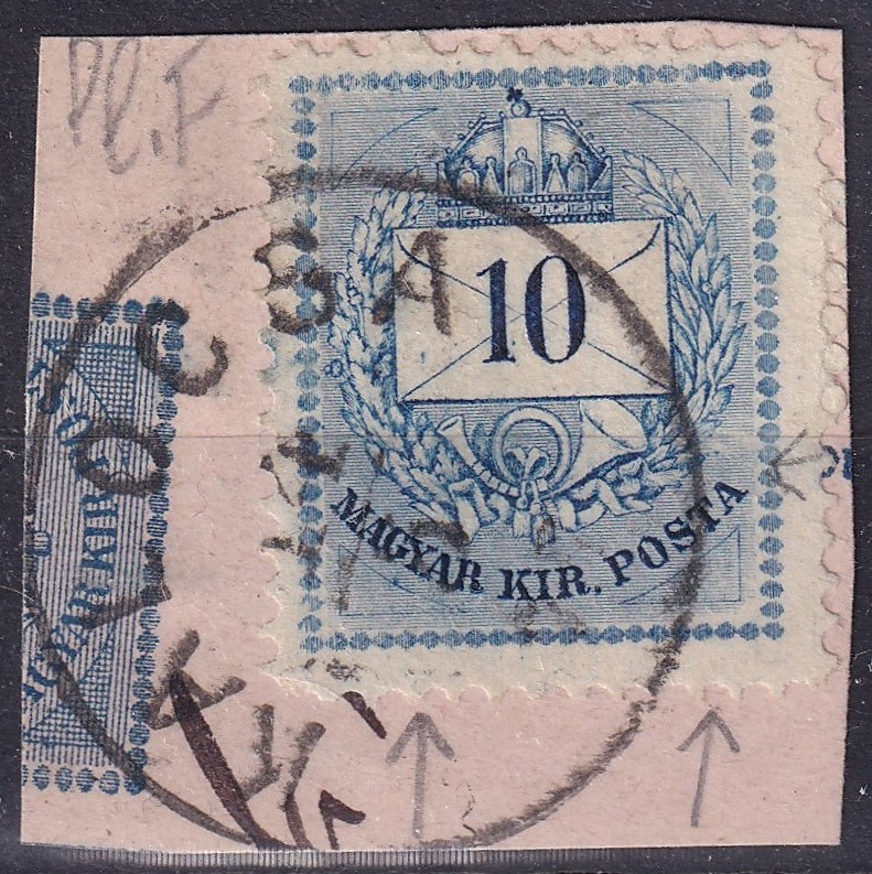 1874. 10 krajcár, durva metszet javítással, száraznyomattal – KALOCSA bélyegzéssel.