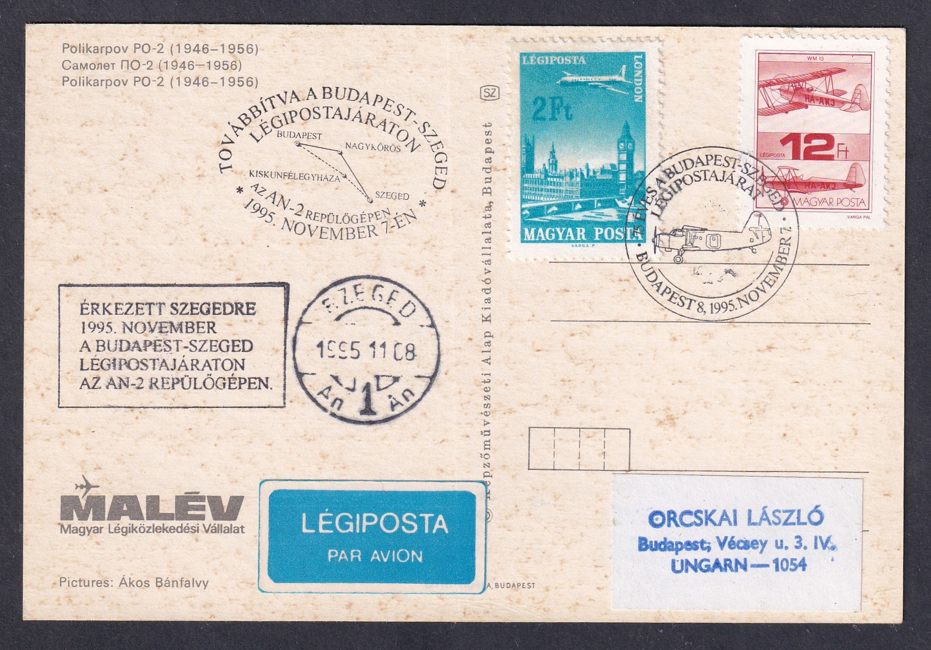 IMG_20260727_0006 1995. Budapest–Szeged légipostajárat – AN–2 repülőgépen, Nagykőrös és Kiskunfélegyháza érintésével továbbított képeslap, alkalmi és szegedi érkezési bélyegzéssel.