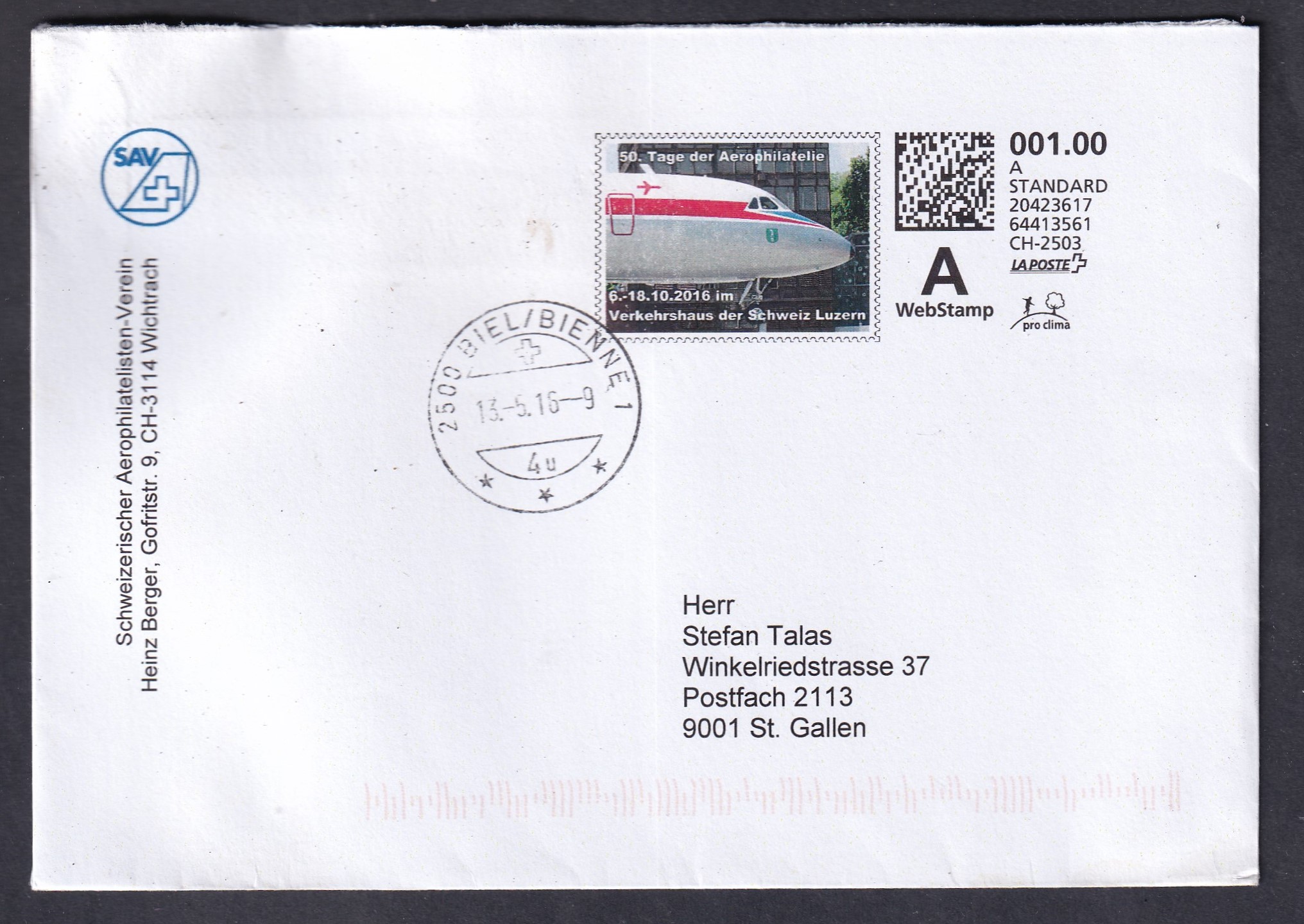 IMG_20260727_0008 2016. A svájci aerofilatélia 50 napja – Bielből St. Gallenbe küldött levél, egyedi repülőgépes bélyeggel és WebStamp gépi bérmentesítéssel.