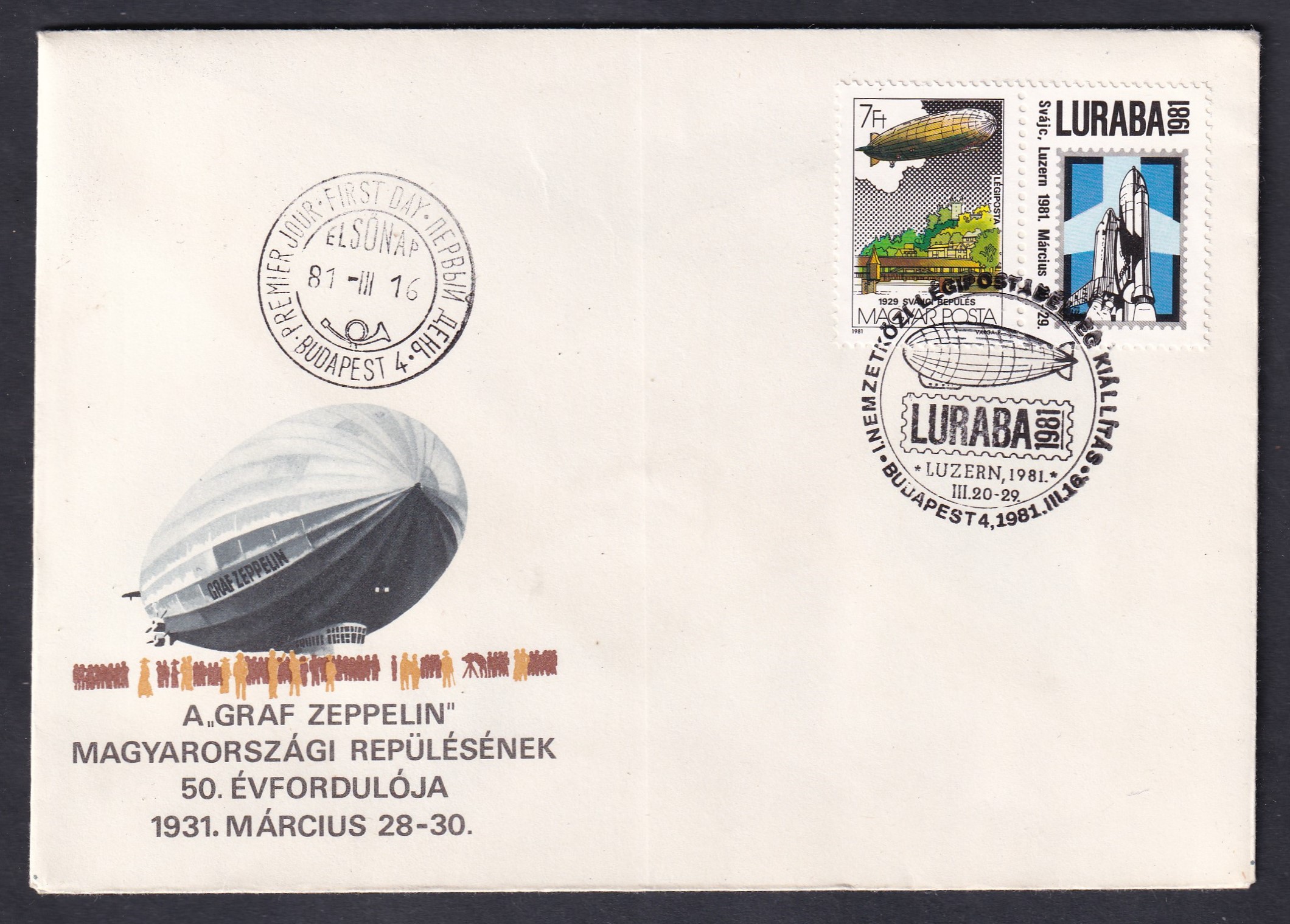 IMG_20260727_0012 1981. A „Graf Zeppelin” magyarországi repülésének 50. évfordulója – LURABA ’81 nemzetközi légiposta-kiállítás, alkalmi bélyegzéssel ellátott emlékboríték.