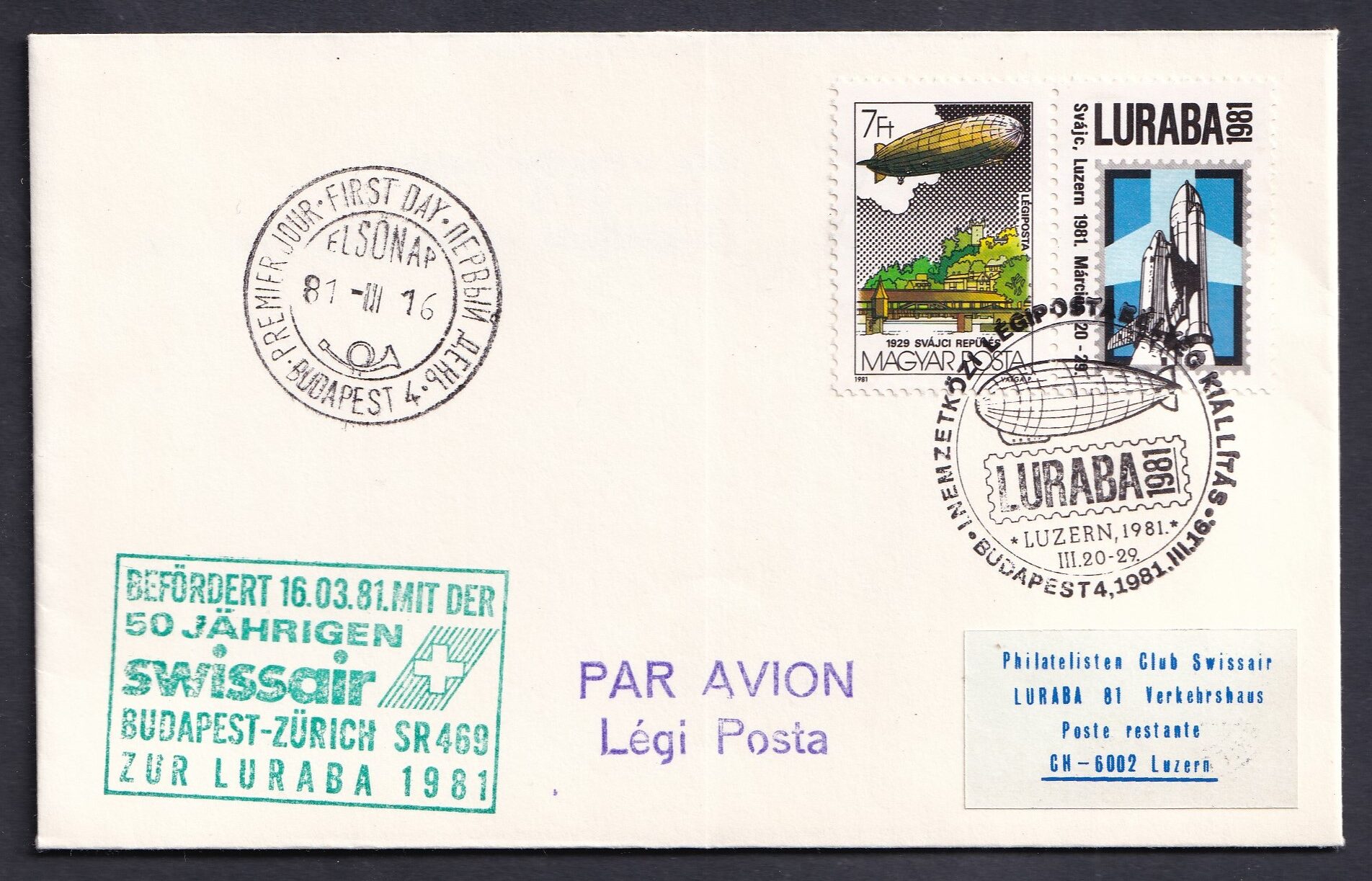 IMG_20260727_0016 1981. LURABA nemzetközi légiposta-kiállítás, Luzern – Budapestről Zürichbe, a Swissair 50. évfordulós SR 469-es járatával továbbított légiposta-emlékboríték, alkalmi bélyegzéssel.