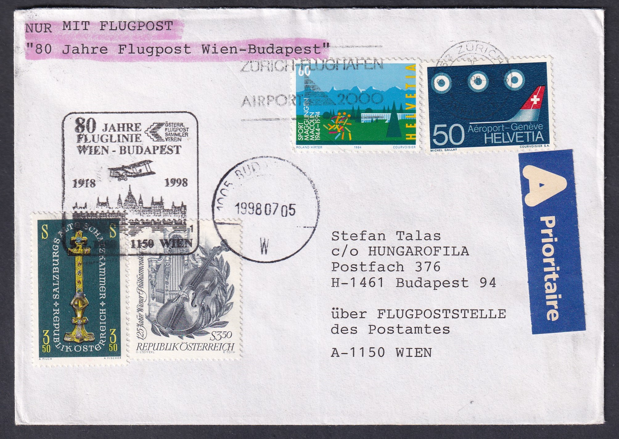 1998. A Bécs–Budapest légipostajárat 80. évfordulója – Zürichből Budapestre, Bécsen keresztül továbbított ajánlott elsőbbségi légiposta-levél, alkalmi bélyegzéssel.