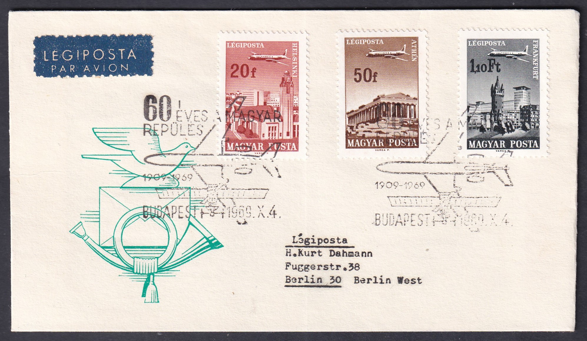 IMG_20260728_0005 1969. A magyar repülés 60. évfordulója (1909–1969) emléklevél, kétféle alkalmi bélyegzéssel.