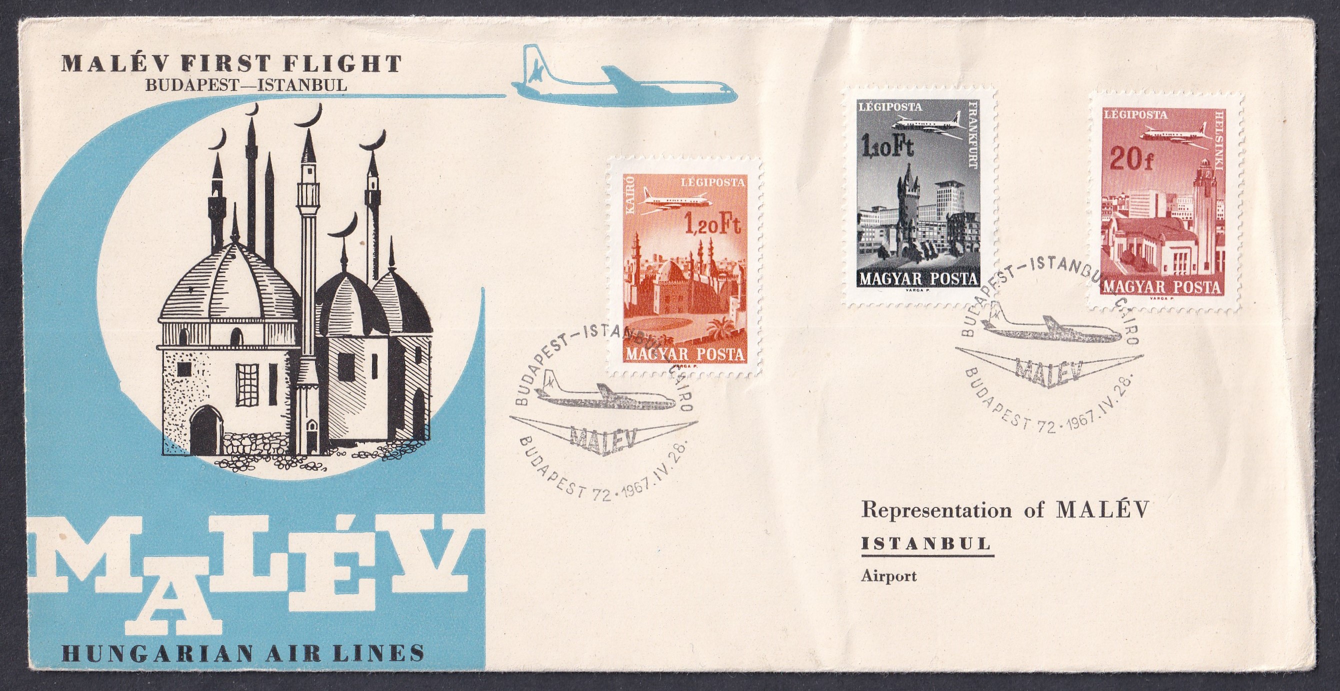 IMG_20260728_0021 1967. MALÉV első Budapest–Isztambul járata – légiposta-emlékboríték, budapesti elsőjárati bélyegzéssel, a MALÉV isztambuli repülőtéri képviseletének címezve.