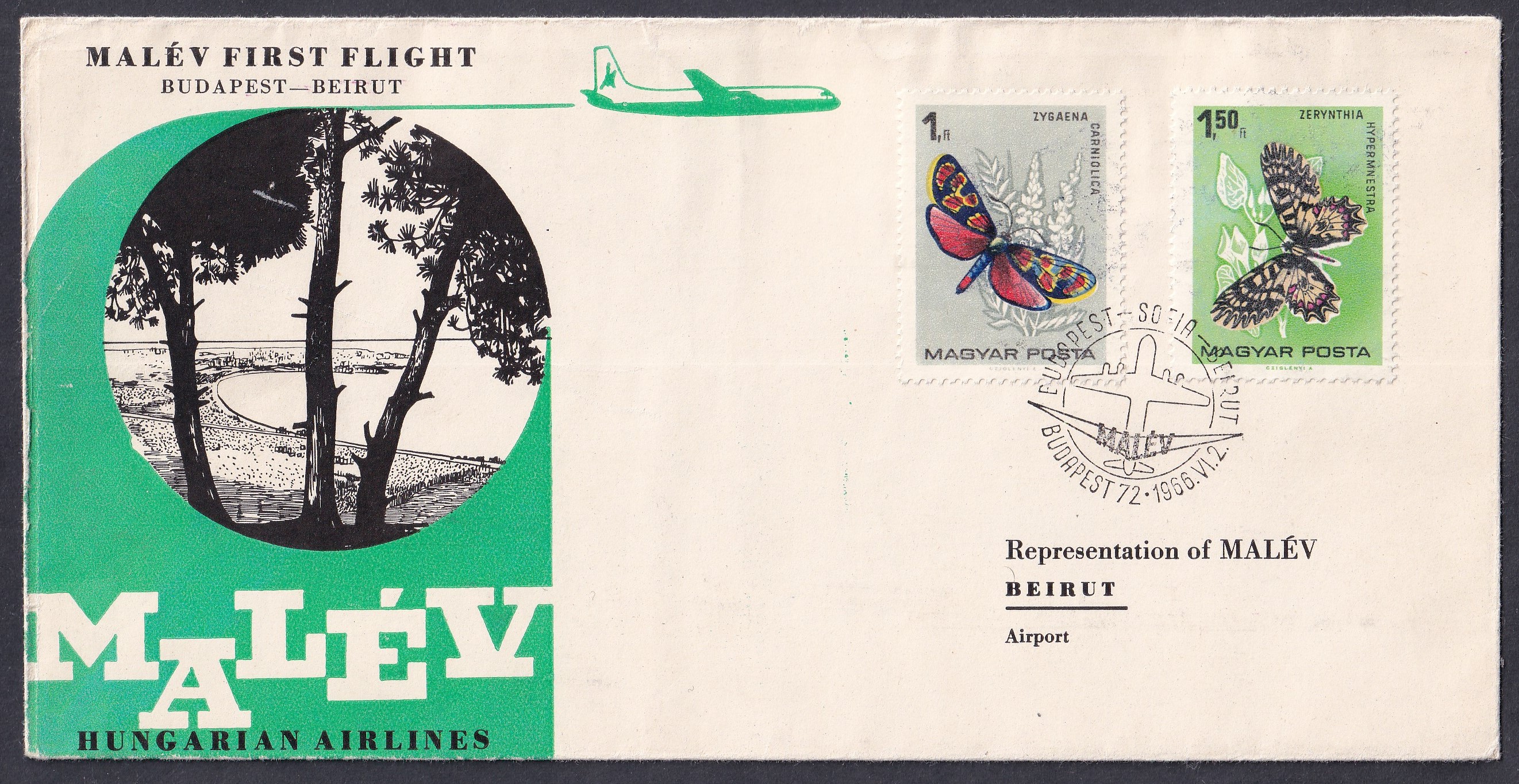 1966. MALÉV első Budapest–Bejrút járata – légiposta-emlékboríték, budapesti alkalmi bélyegzéssel, a MALÉV bejrúti repülőtéri képviseletének címezve