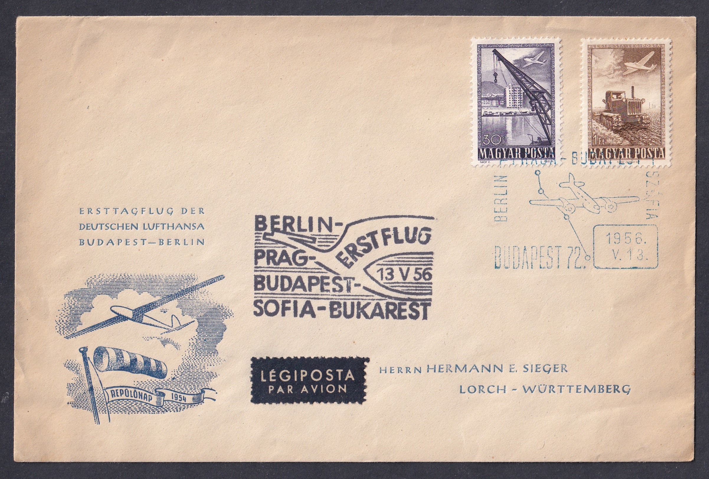 IMG_20260728_0028 1956. A Lufthansa Budapest–Berlin első repülésének légiposta-emlékborítéka, Budapest 72 – Berlin útvonalon, 1956. május 13-i alkalmi repülőgépes bélyegzéssel és „Erstflug” járatbélyegzéssel
