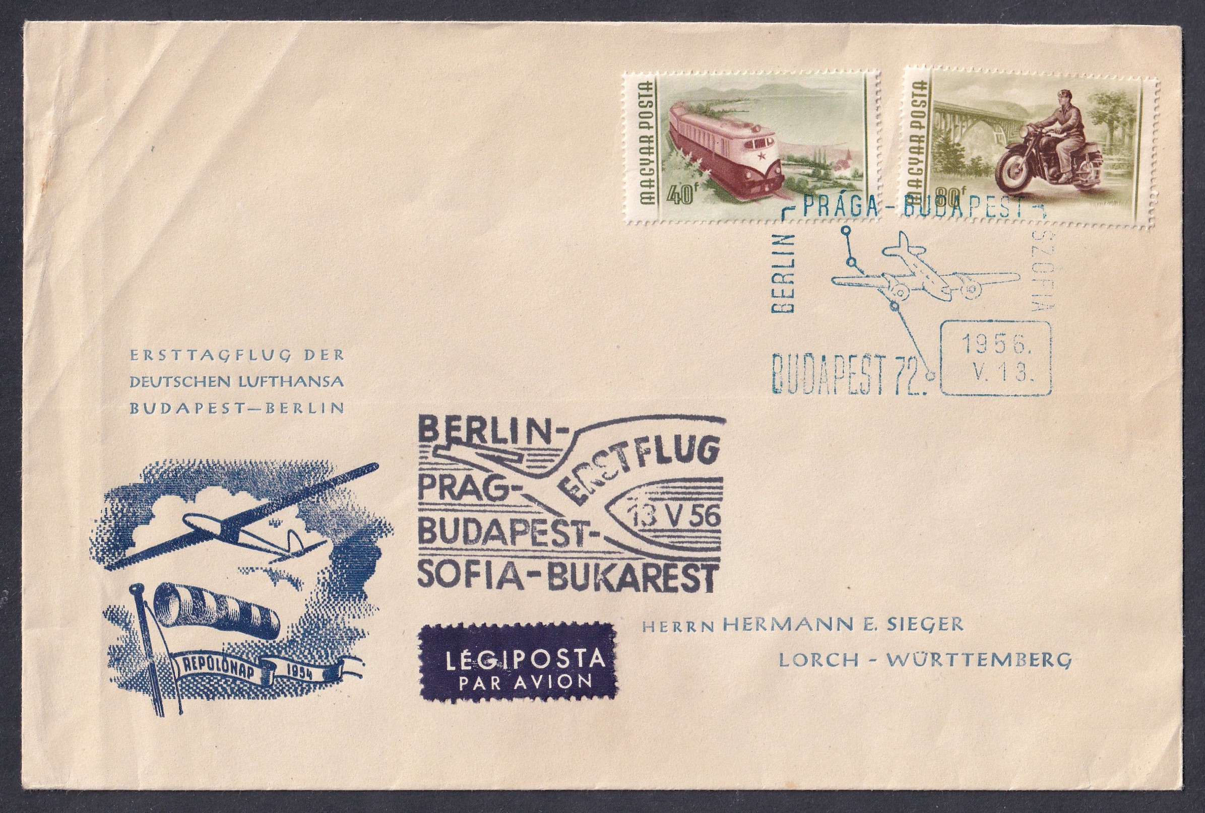 IMG_20260728_0029 1956. A Lufthansa Prága–Budapest első repülésének légiposta-emlékborítéka, 1956. május 13-i Budapest 72 alkalmi repülőgépes és „Erstflug” járatbélyegzéssel