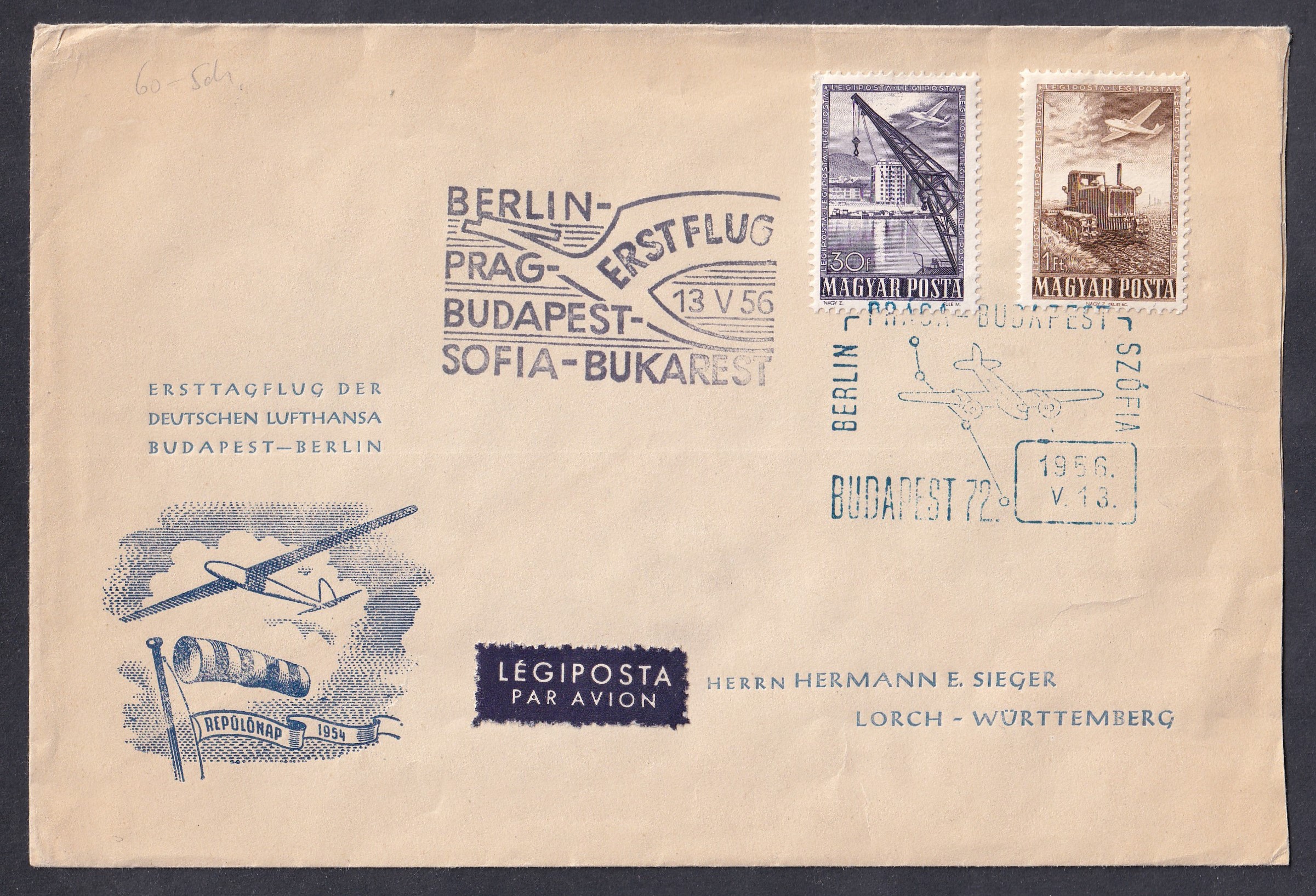 IMG_20260728_0030 1956. A Lufthansa Budapest–Berlin első repülésének légiposta-emlékborítéka, Budapest 72 – Berlin útvonalon, 1956. május 13-i alkalmi repülőgépes bélyegzéssel és „Erstflug” járatbélyegzéssel