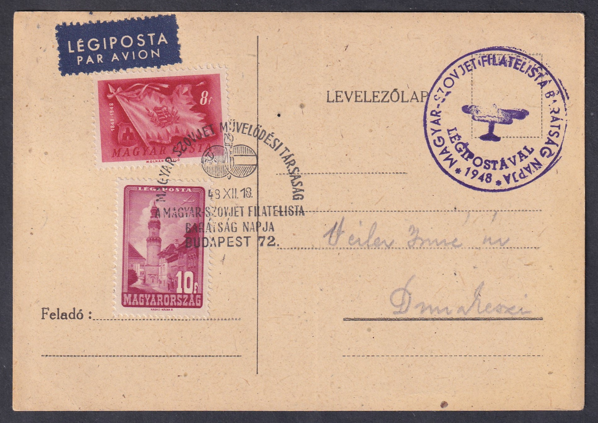 IMG_20260728_0031 1948. Magyar–szovjet filatelista barátság napja, alkalmi légi levelezőlap Budapest 72, 1948. december 18-i emlékbélyegzéssel és nagyméretű, repülőgépes alkalmi bélyegzővel
