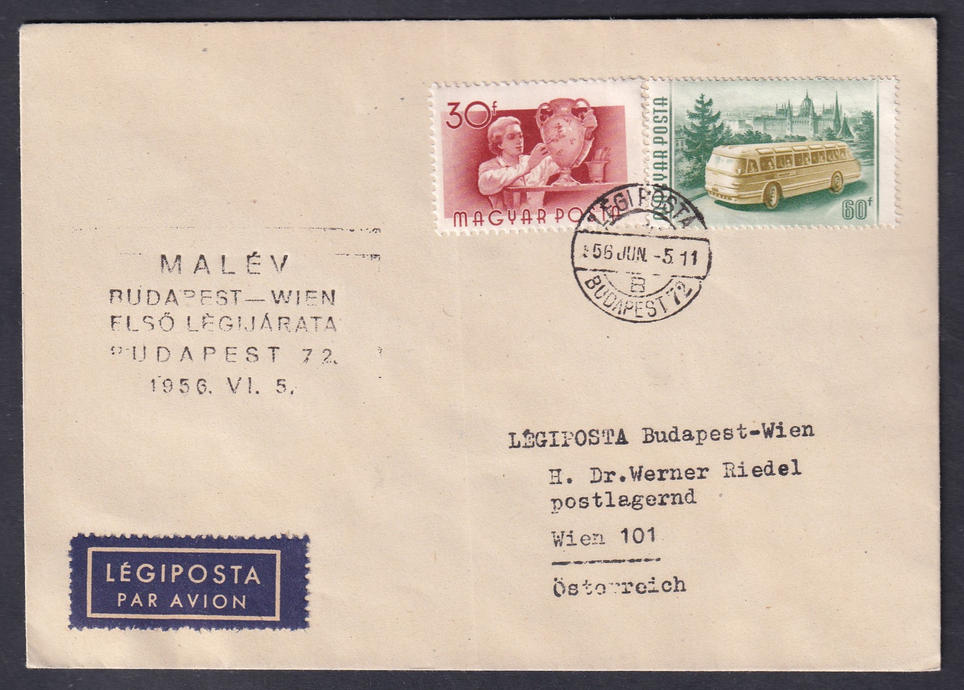 IMG_20260728_0032 1956. MALÉV Budapest–Bécs első légijárata, Budapestről Bécsbe továbbított légiposta-levél, Budapest 72 alkalmi járatbélyegzéssel.**