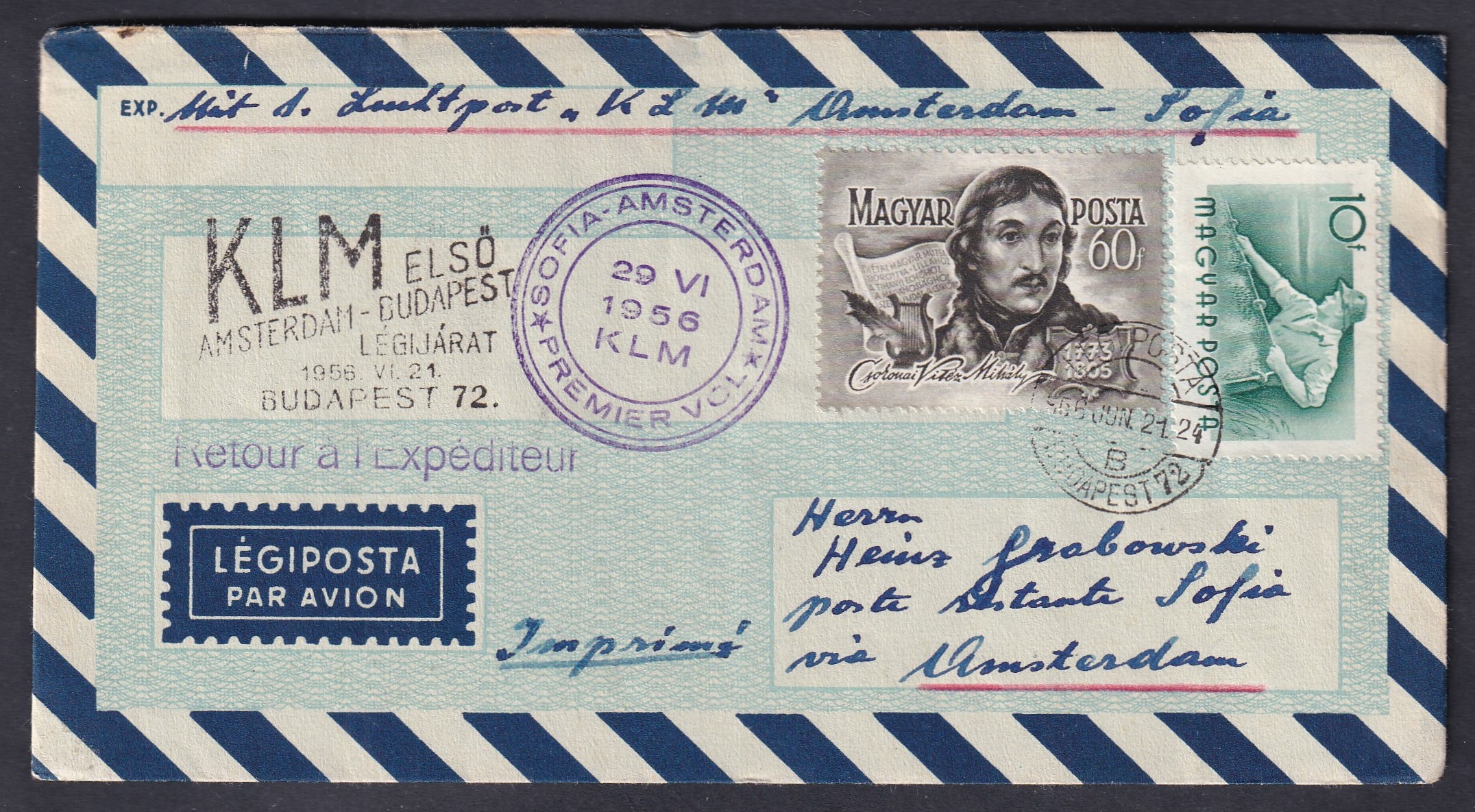 IMG_20260728_0034 1956. KLM Budapest–Amszterdam, majd Amszterdam–Szófia első légijárataival továbbított légiposta-levél, Budapest 72 alkalmi járatbélyegzéssel, amszterdami átmenő- és szófiai elsőrepülési bélyegzővel