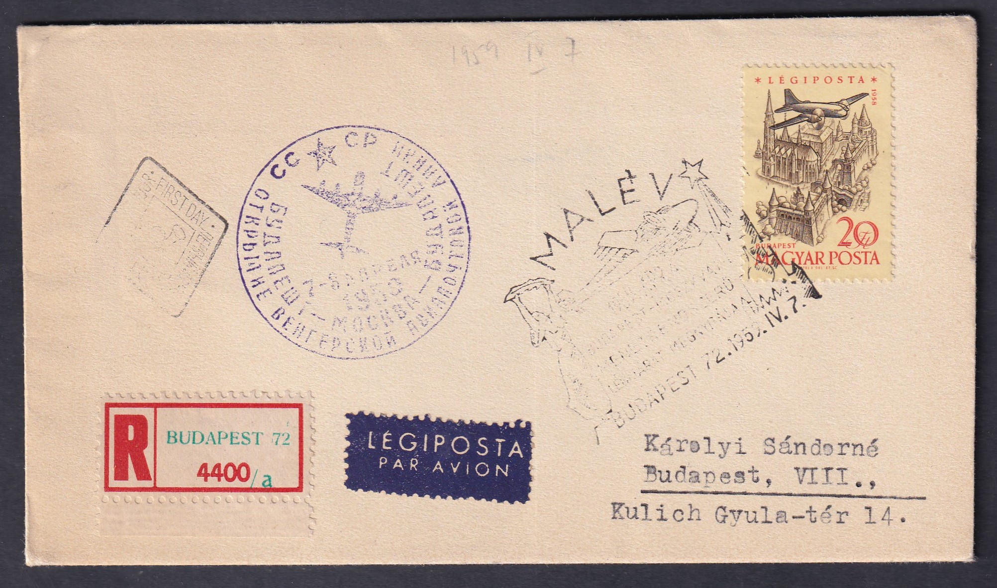 IMG_20260728_0037 1956. MALÉV–ČSA Budapest–Prága első légijárat, ajánlott légiposta-emléklevél Budapest 72 alkalmi járatbélyegzéssel és érkezési bélyegzővel