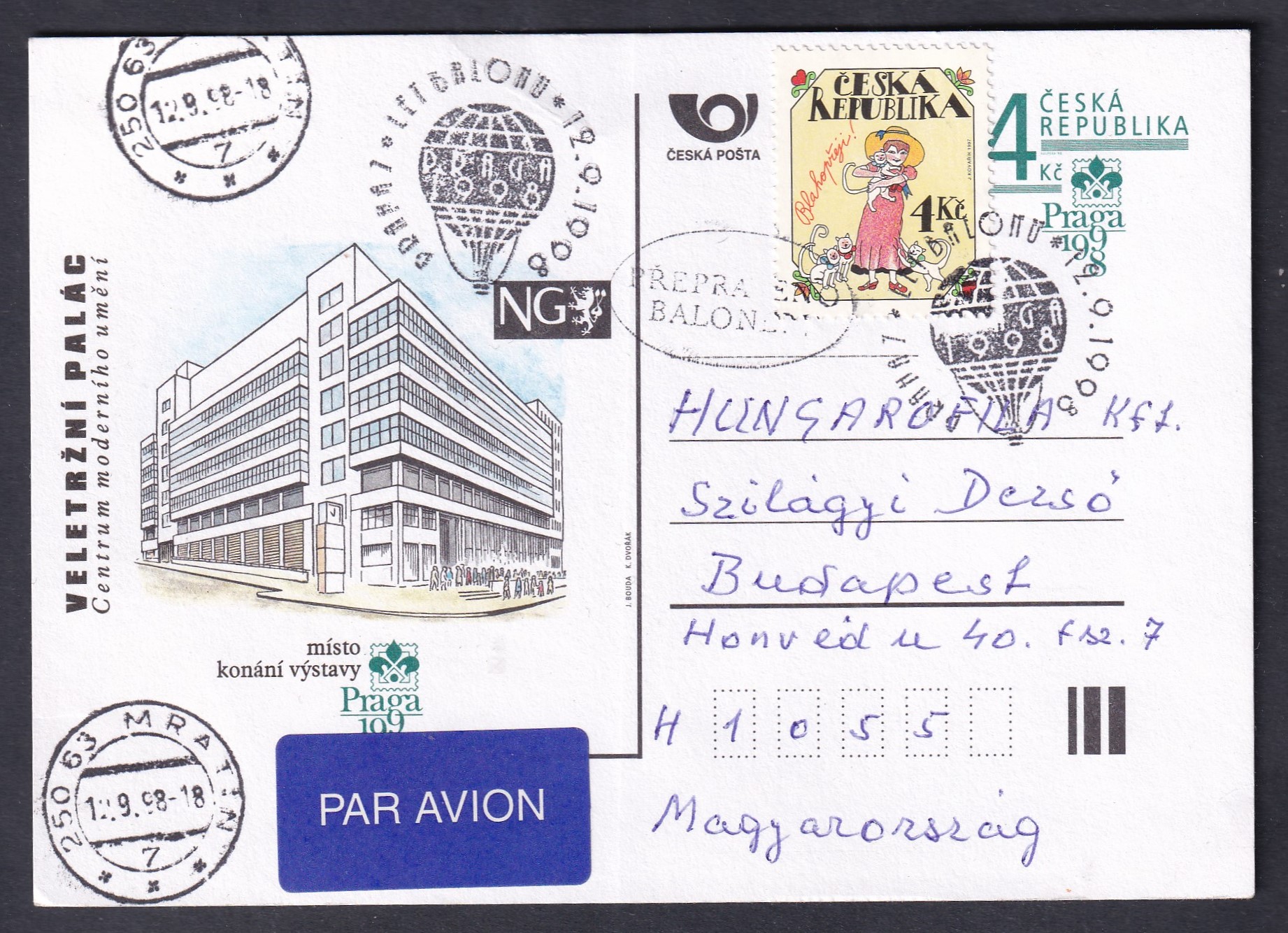 IMG_20260728_0063 1998. PRAGA ’98 – Budapestre címzett, a Praha–Mratín ballonpostával továbbított alkalmi levelezőlap