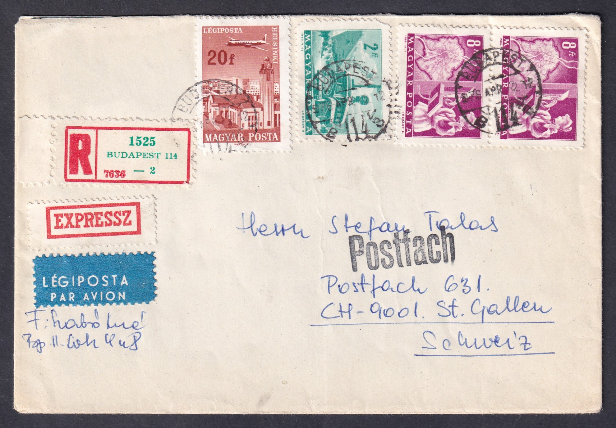 1965. Budapest 114 – St. Gallen, ajánlott expressz légipostai levél, vegyes bérmentesítéssel.