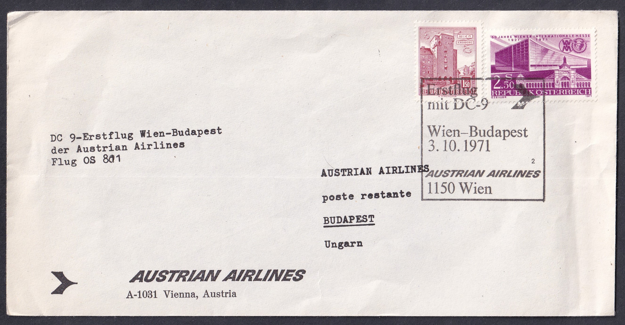 IMG_20260730_0003 1971. Austrian Airlines DC-9 első járata Bécs–Budapest, OS 801 légipostai emléklevél.